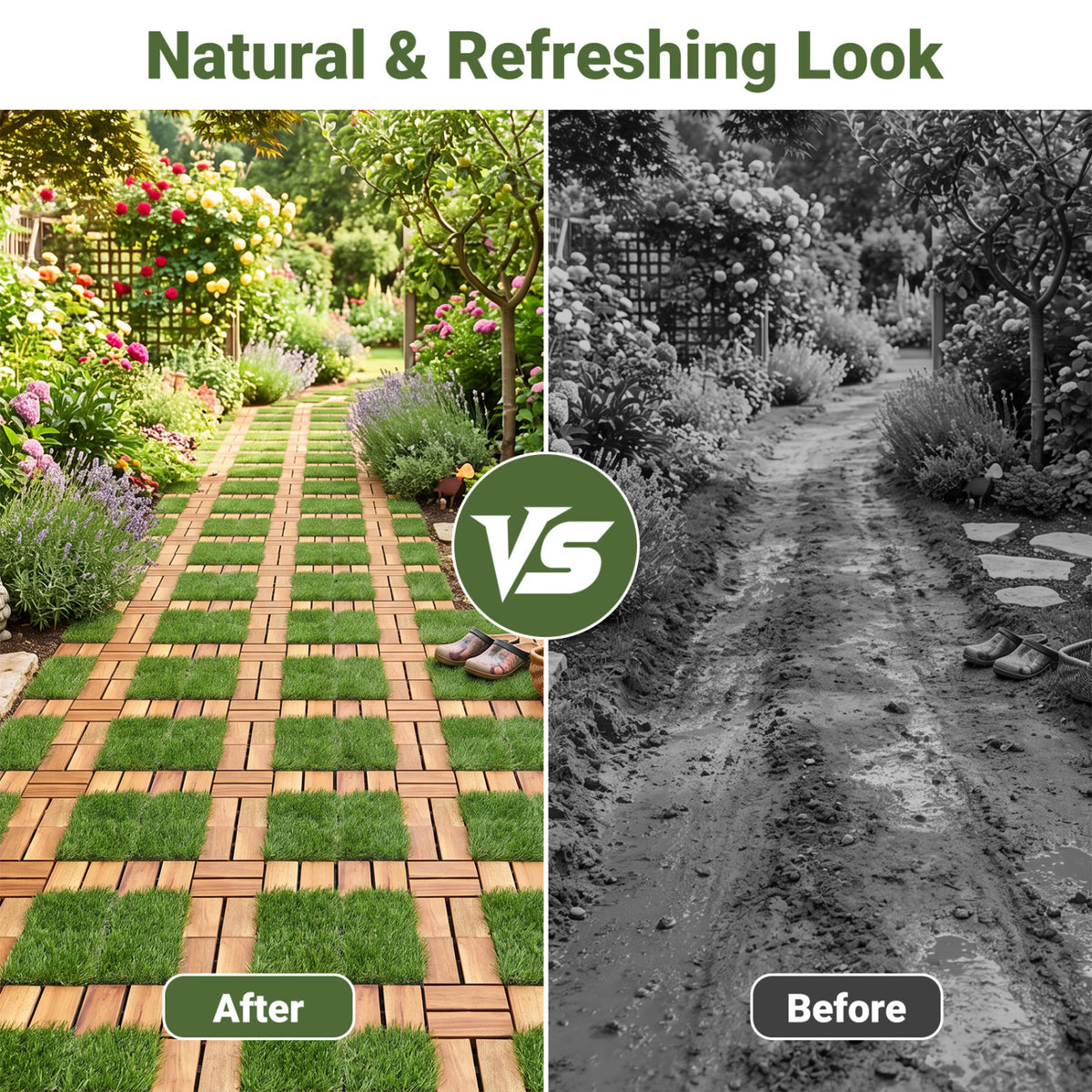 Acacia Wood Interlocking Deck Tiles with Artificial Grass