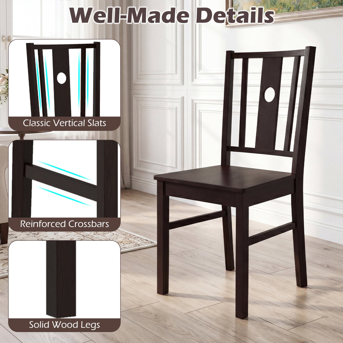 Solid Rubber Wood Dining Chairs Set of 2 with Slatted Back
