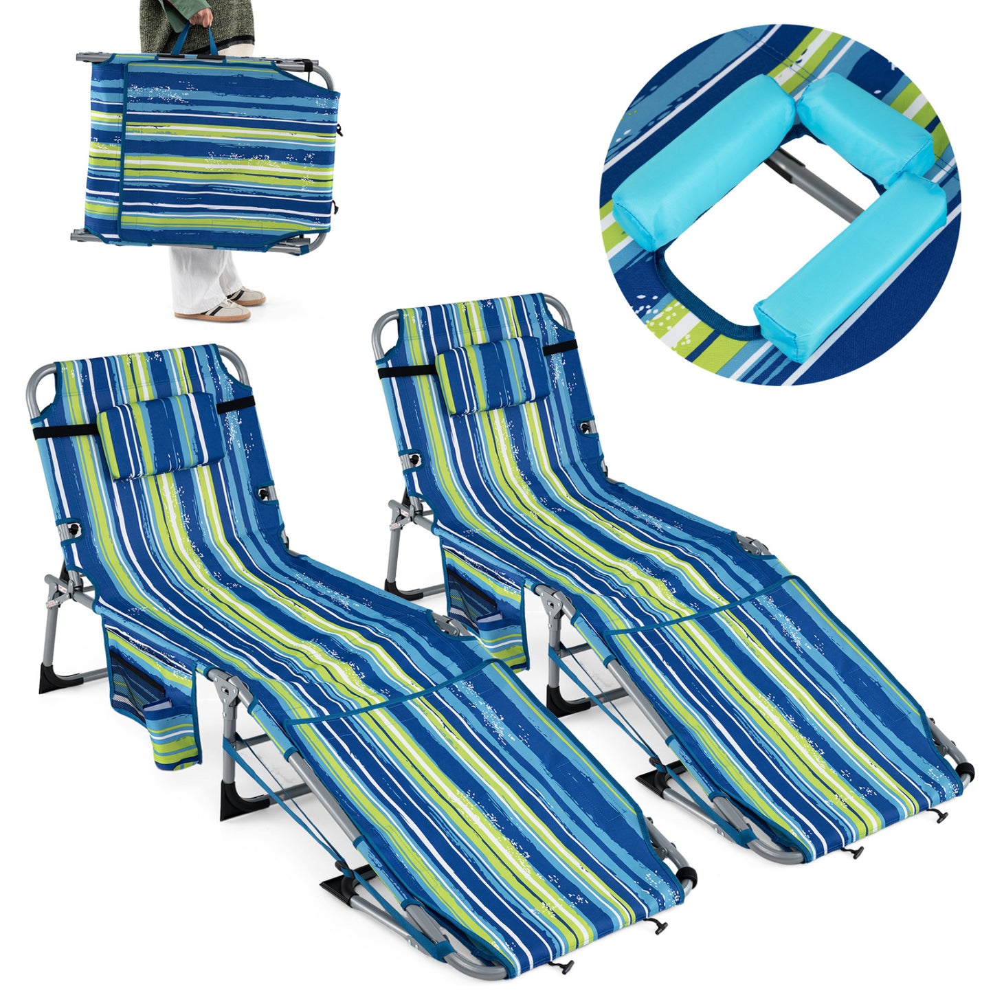 Set of 2 Tanning Chairs with Face Arm Holes Portable with 4-Level Backrest-Gray - Blue & Green