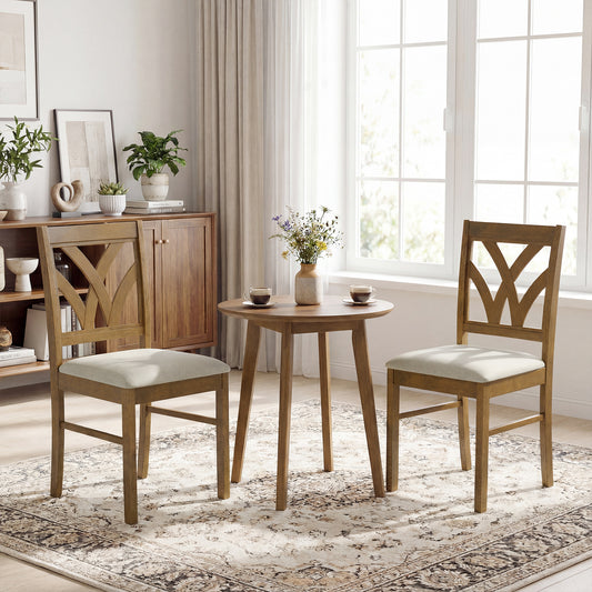 Set of 2 Wooden Dining Chairs Upholstered with Hollowed Backrest and Soft Padded Seat-Oak