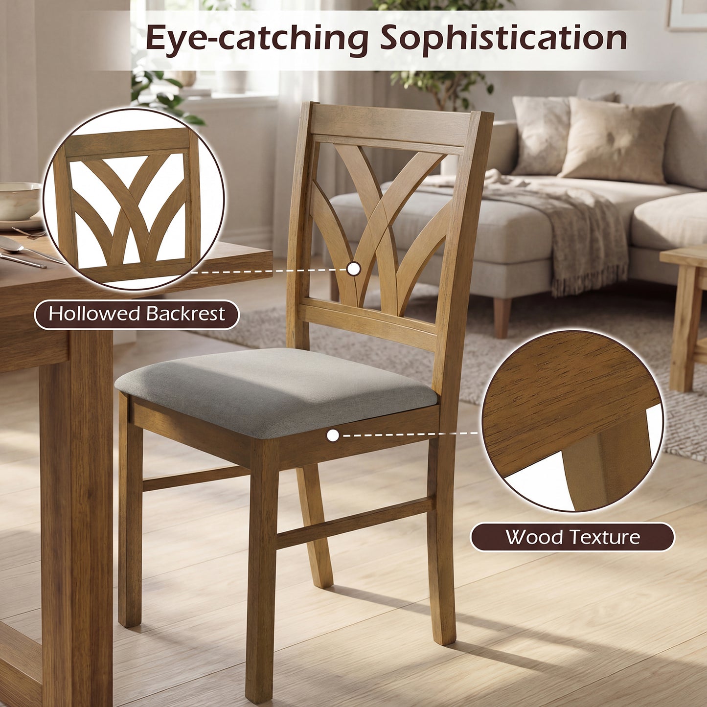 Set of 2 Wooden Dining Chairs Upholstered with Hollowed Backrest and Soft Padded Seat-Oak