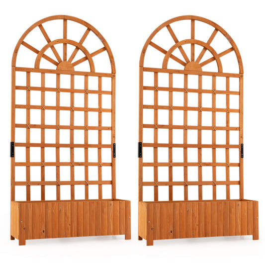 Set of 2 Wooden Raised Garden Bed with Trellis 71" Outdoor Planter Box Privacy Screen-Brown