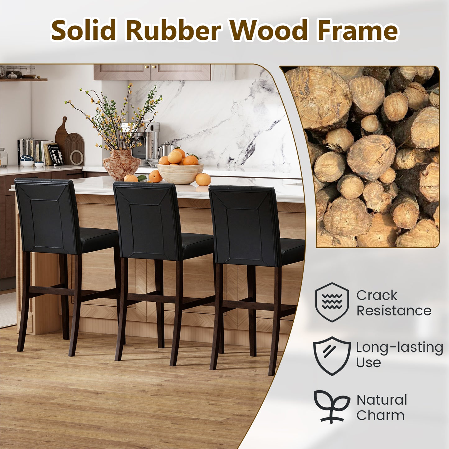 Set of 4 PVC Dining Leather Bar Stools with Solid Wood Legs-24 icnh