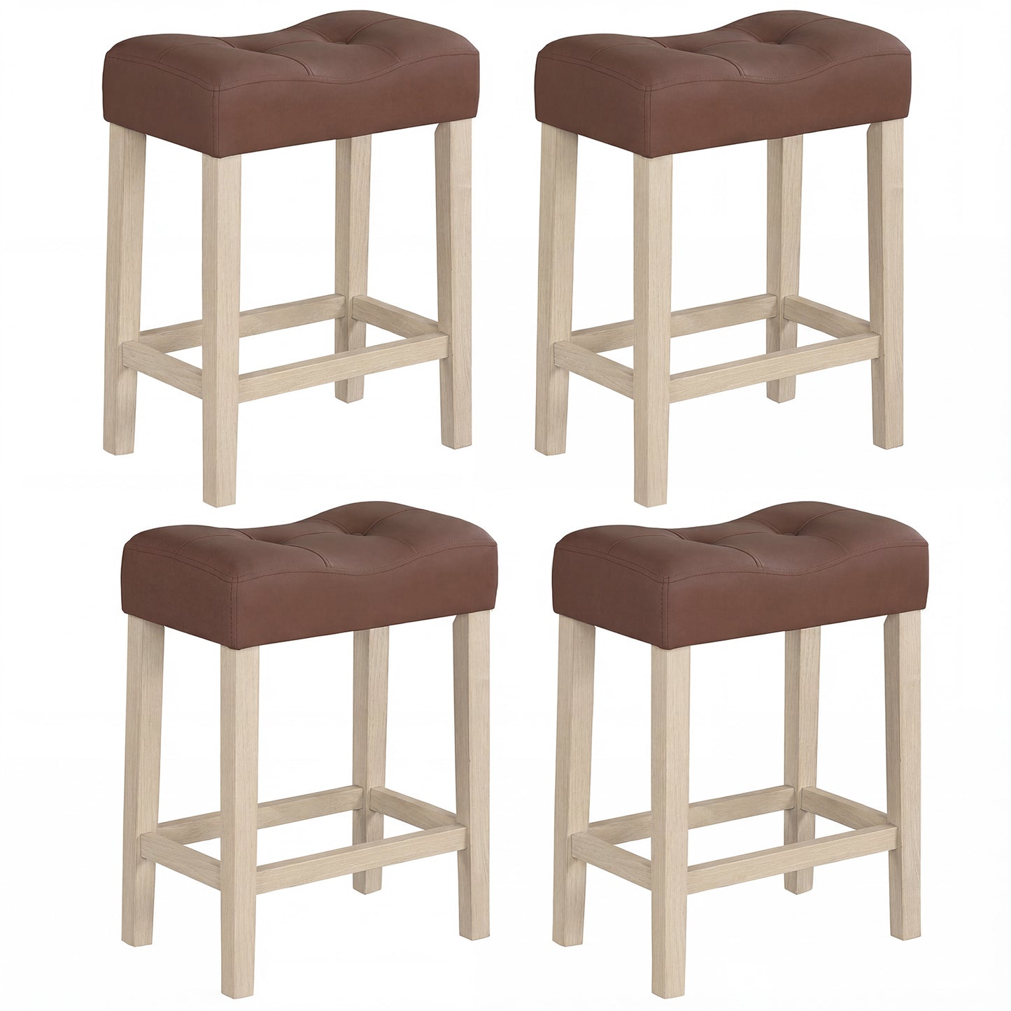 Set of 4 Upholstered Counter Height Bar Stool with Curved Saddle-Seat-Brown - Natural
