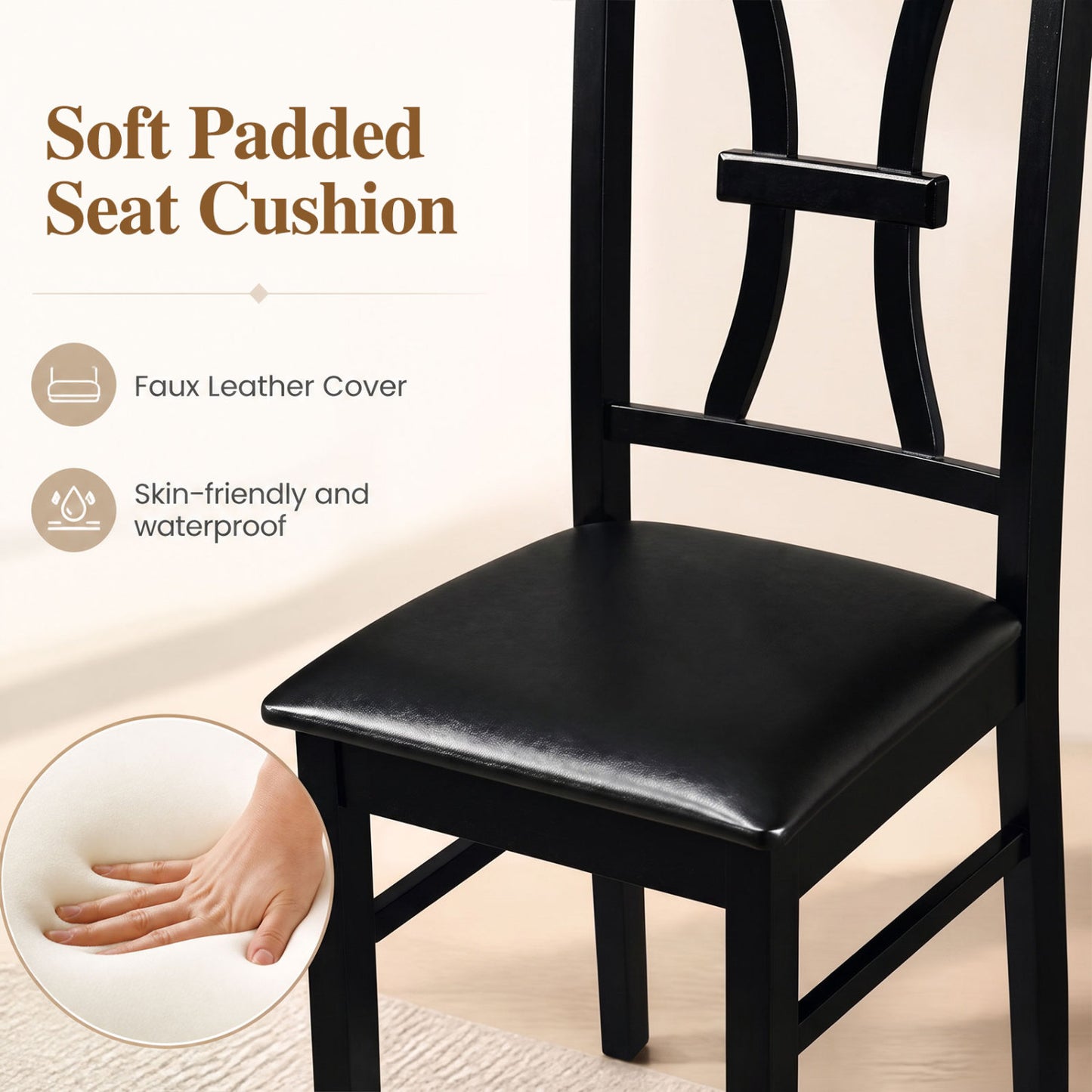 Wooden Dining Chairs Set of 4 with Padded Faux Leather Seats