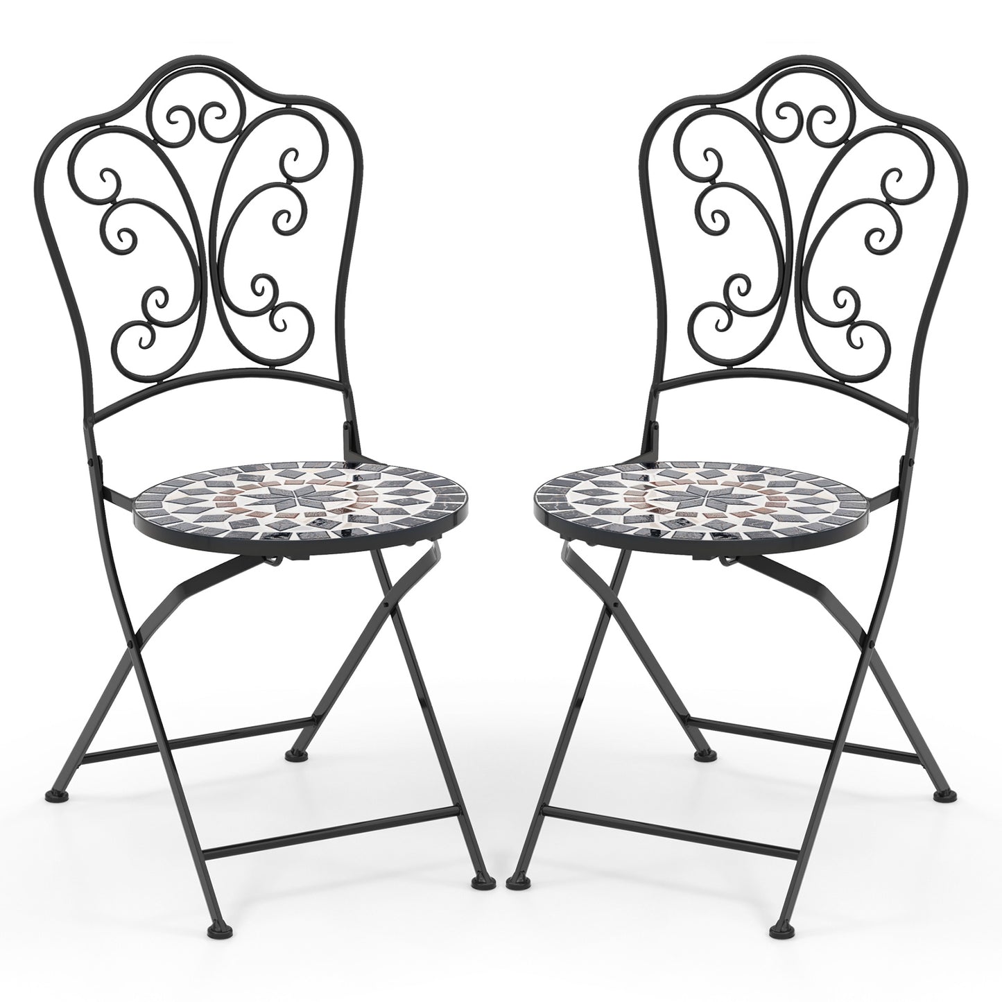 Set of 2 Mosaic Chairs for Patio Metal Folding Chairs-Black & Blue - Black