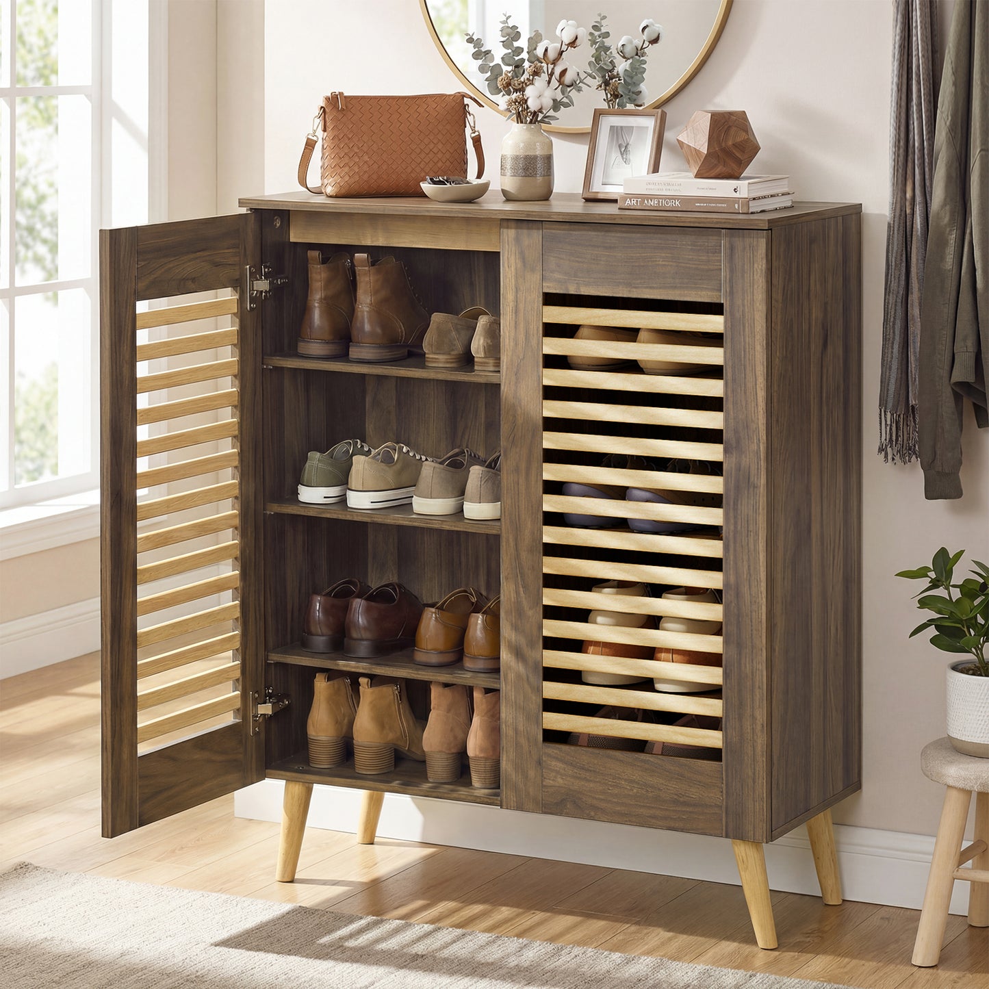 Shoe Cabinet with Louvered Doors and Removable Shelves-Walnut