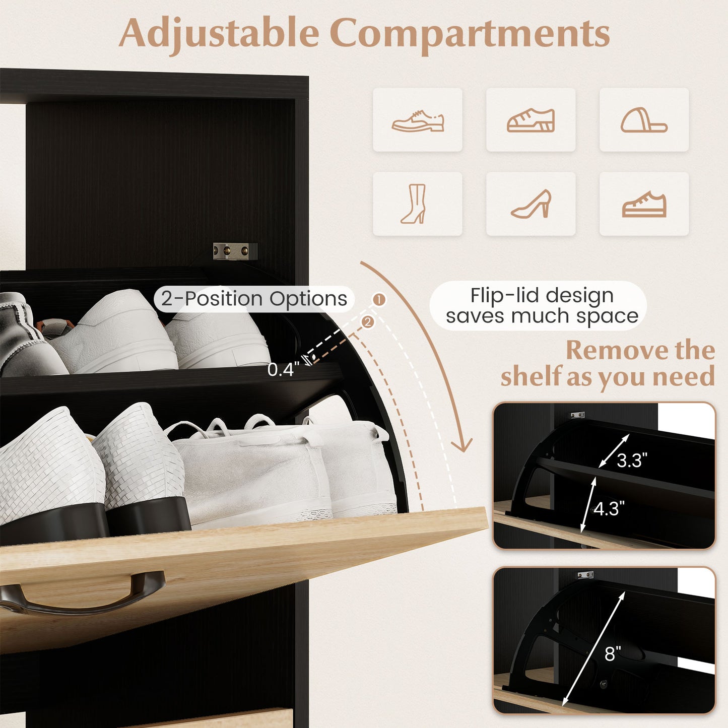 Shoe Cabinet with Open Shelves Modern Shoe Organizer with 3 Flip Drawers-Black