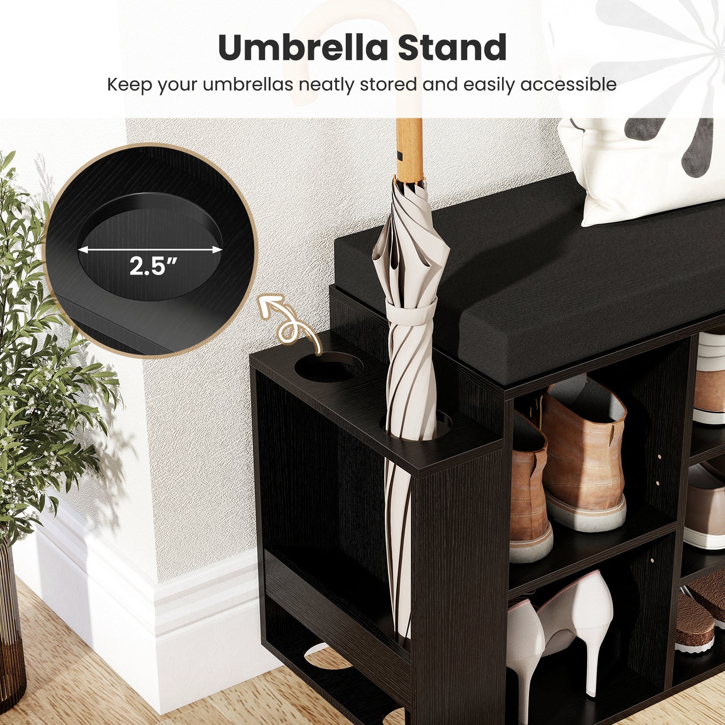 Shoe Storage Bench with Umbrella Stand 10-Cubby Entryway Shoe Rack Organizer-Black