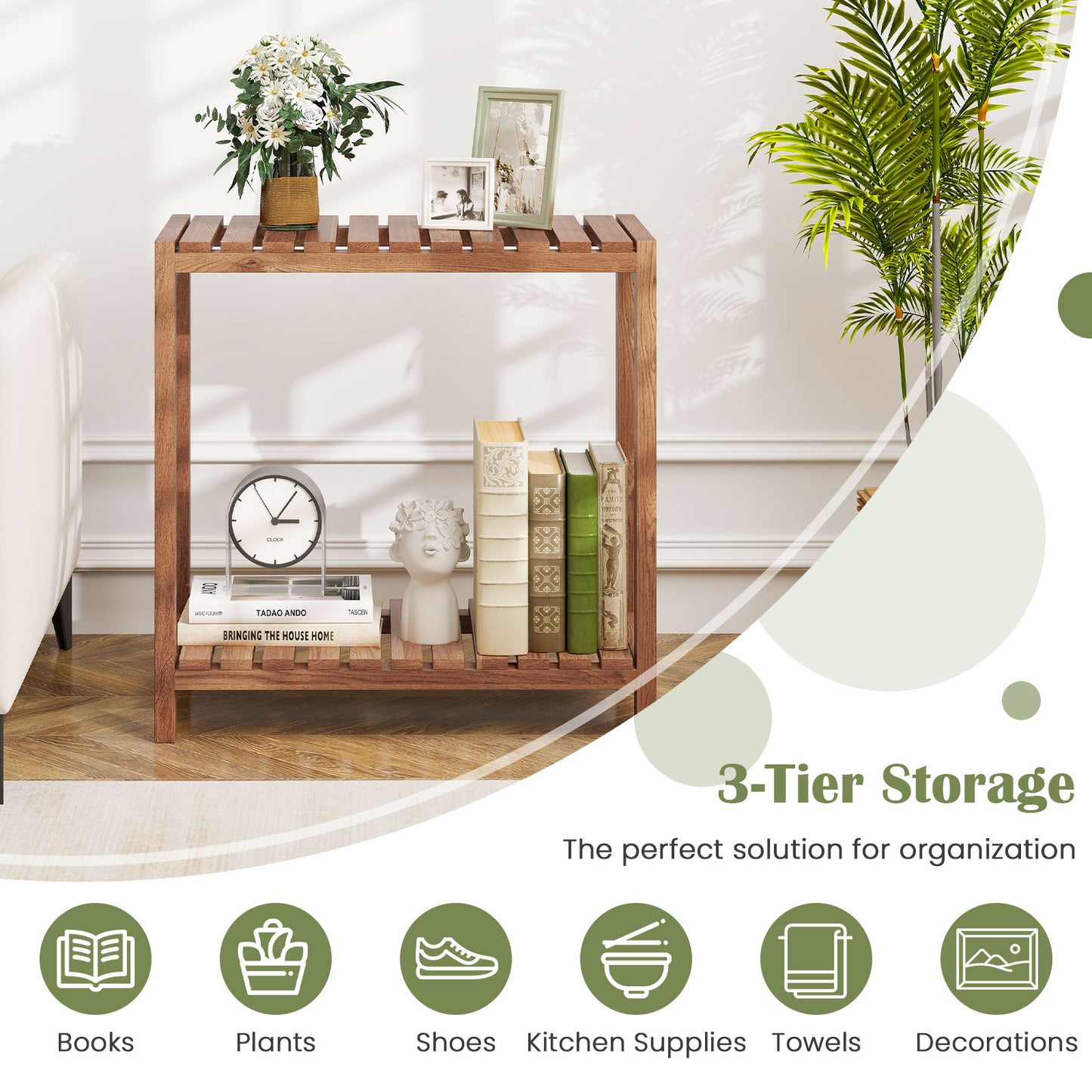 2/3-Tier Side Table Teak Wood Stand Utility Storage Shelf-2-tier