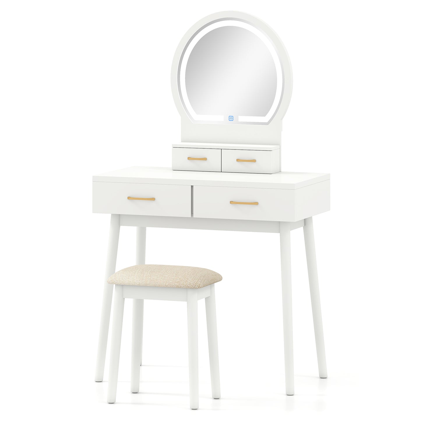 Small Vanity Makeup Dressing Table Set with Cushioned Stool and LED Lighted Mirror-White - White