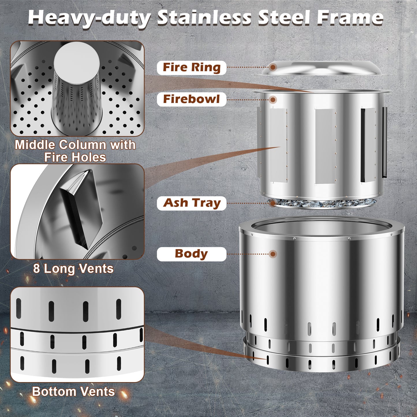 Smokeless Stainless Steel Fire Pit with Ash Pan for Yard Camping-Silver