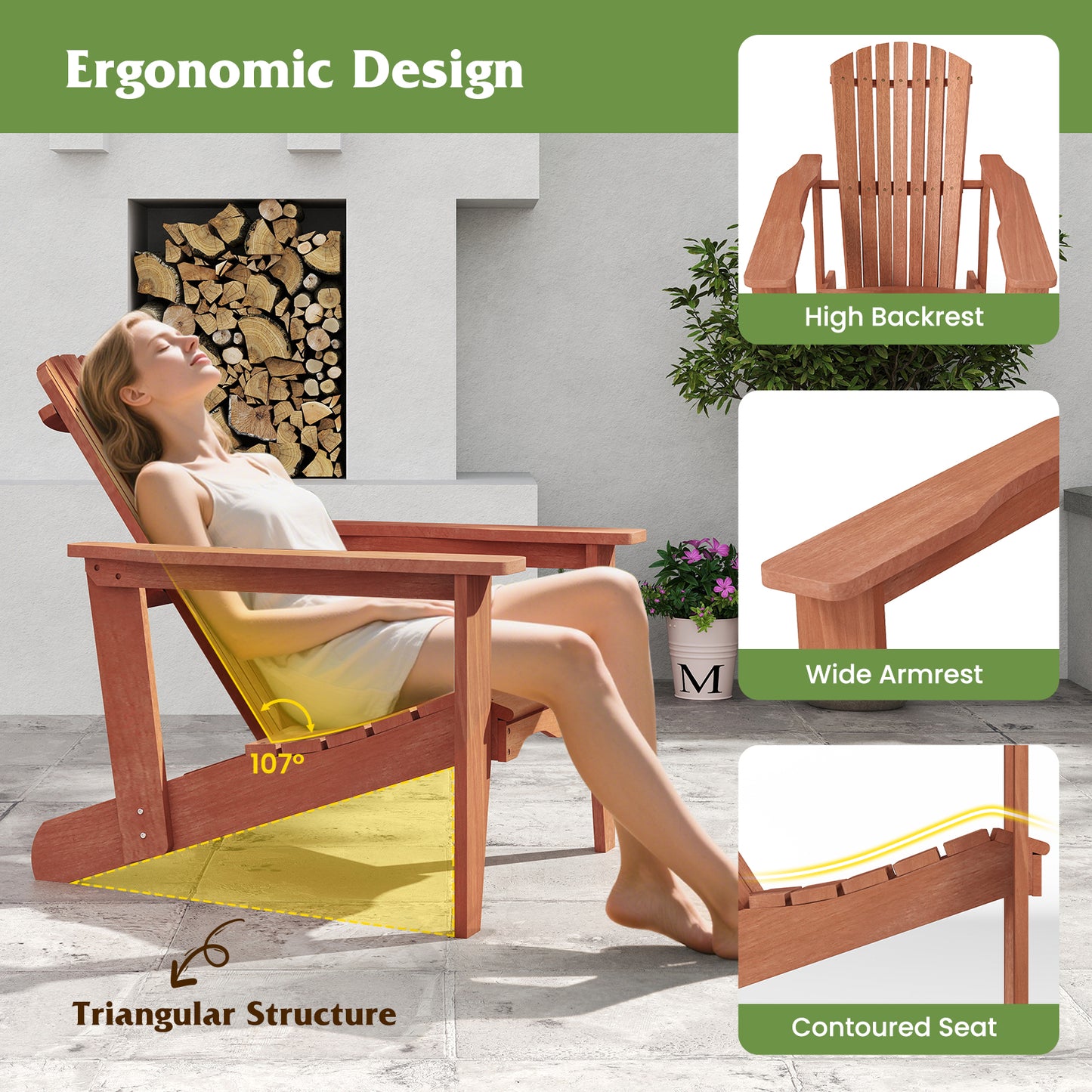 Solid Wood Adirondack Chair with High Backrest and Wide Armrests