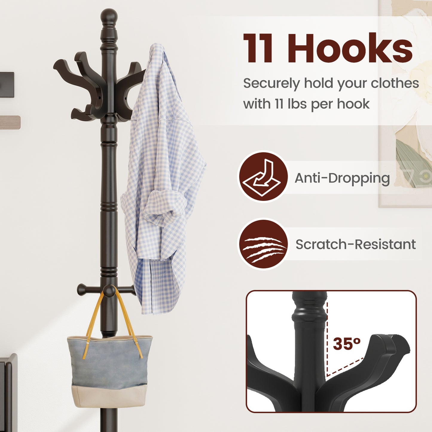 Solid Wood Hall Tree with 11 Hooks and 3 Height Options for Entryway-Black