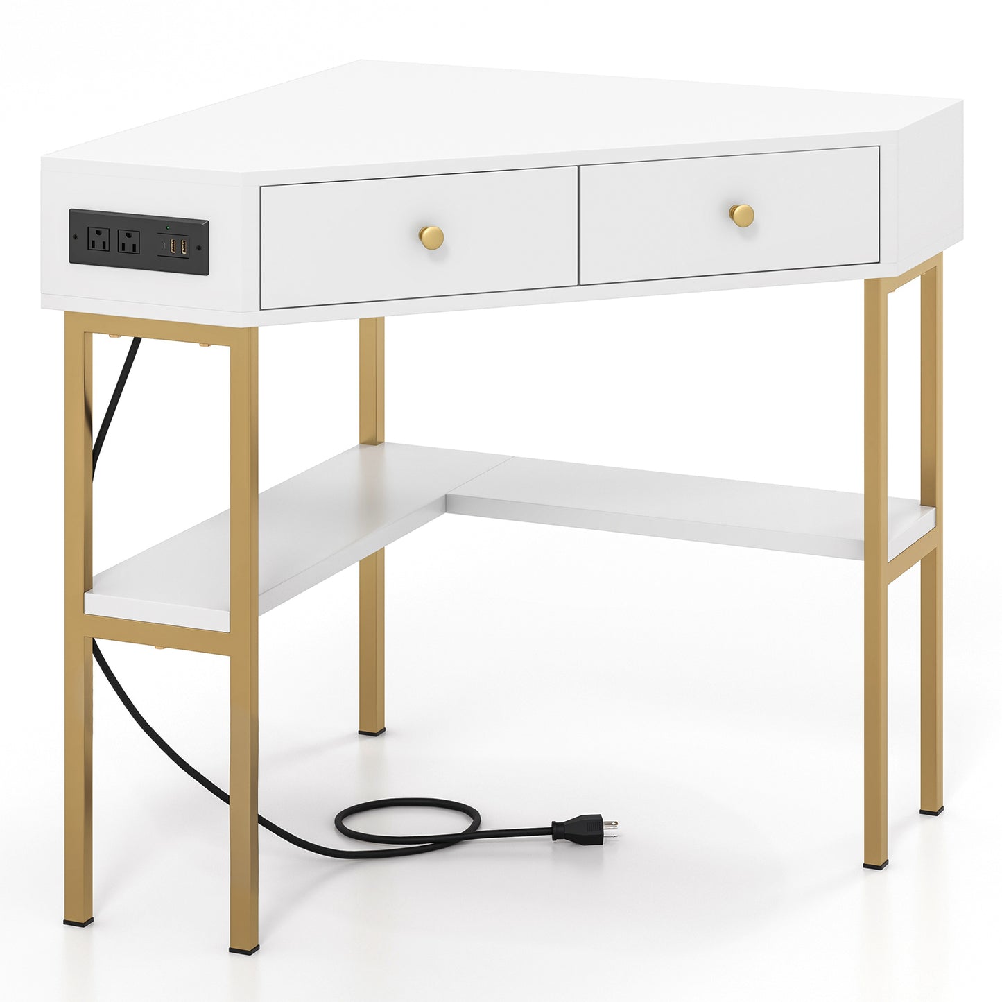 Triangle Corner Desk with Charging Station with 2 Drawers and Storage Shelf-Golden - White