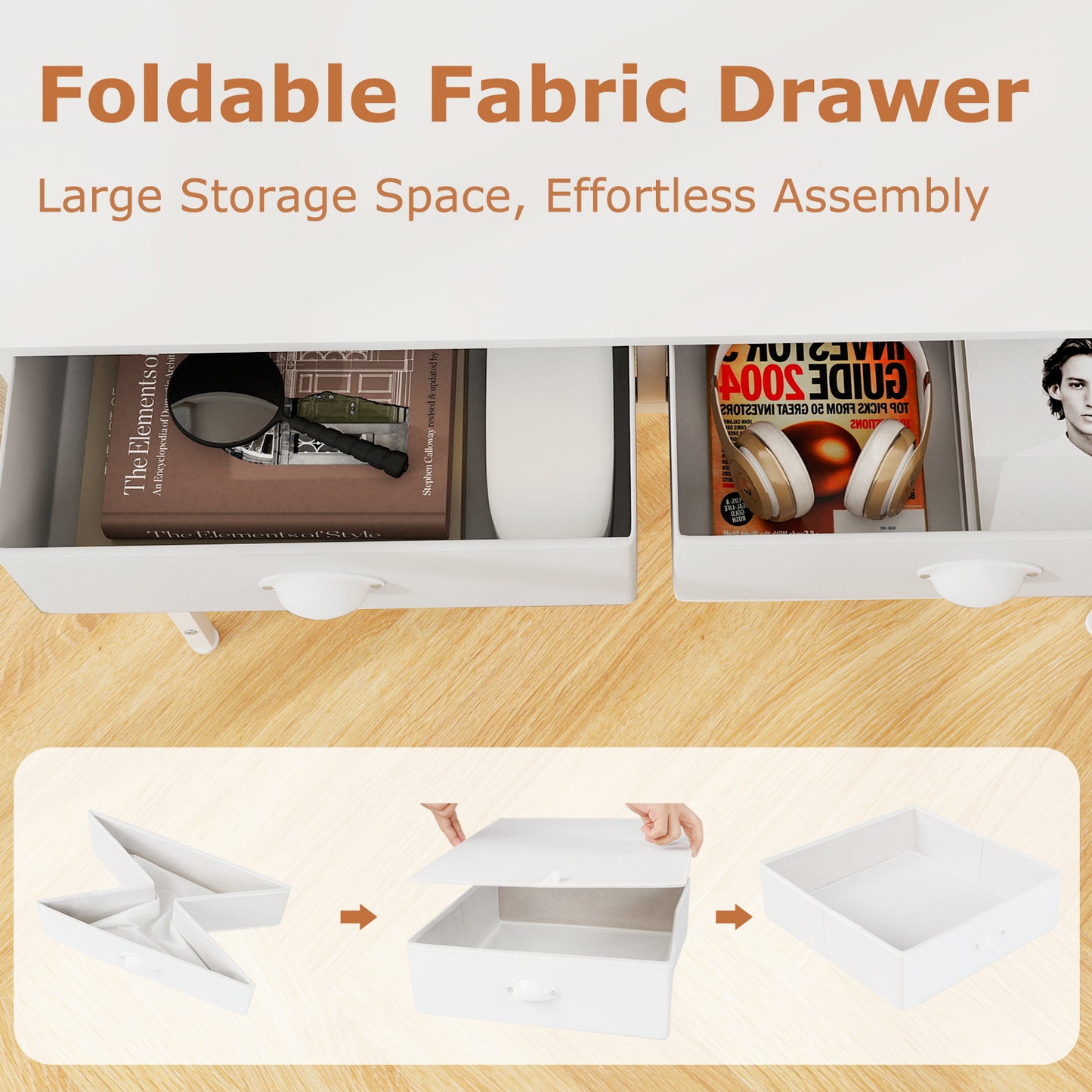 Space Saving Home Office Desk with 2 Fabric Drawers and 4 Hanging Hooks-White