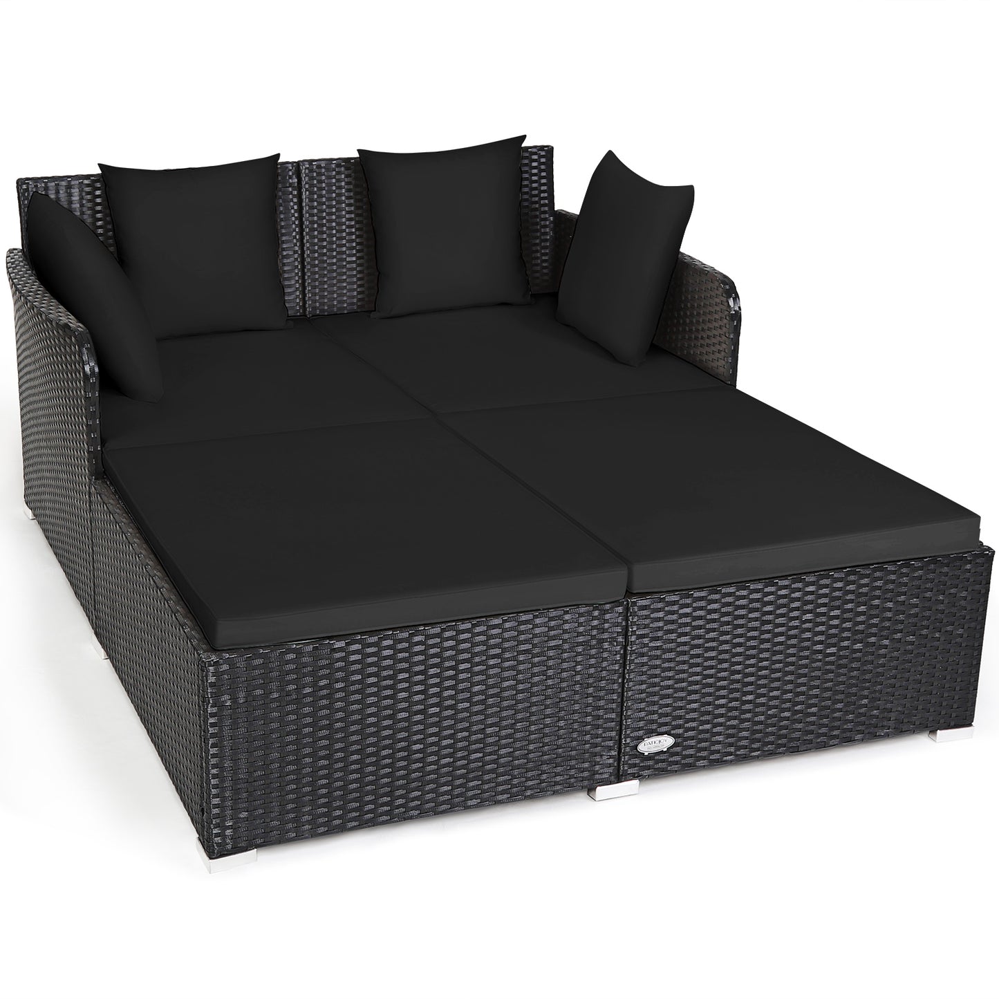 Spacious Outdoor Rattan Daybed with Upholstered Cushions and Pillows-Black - Black