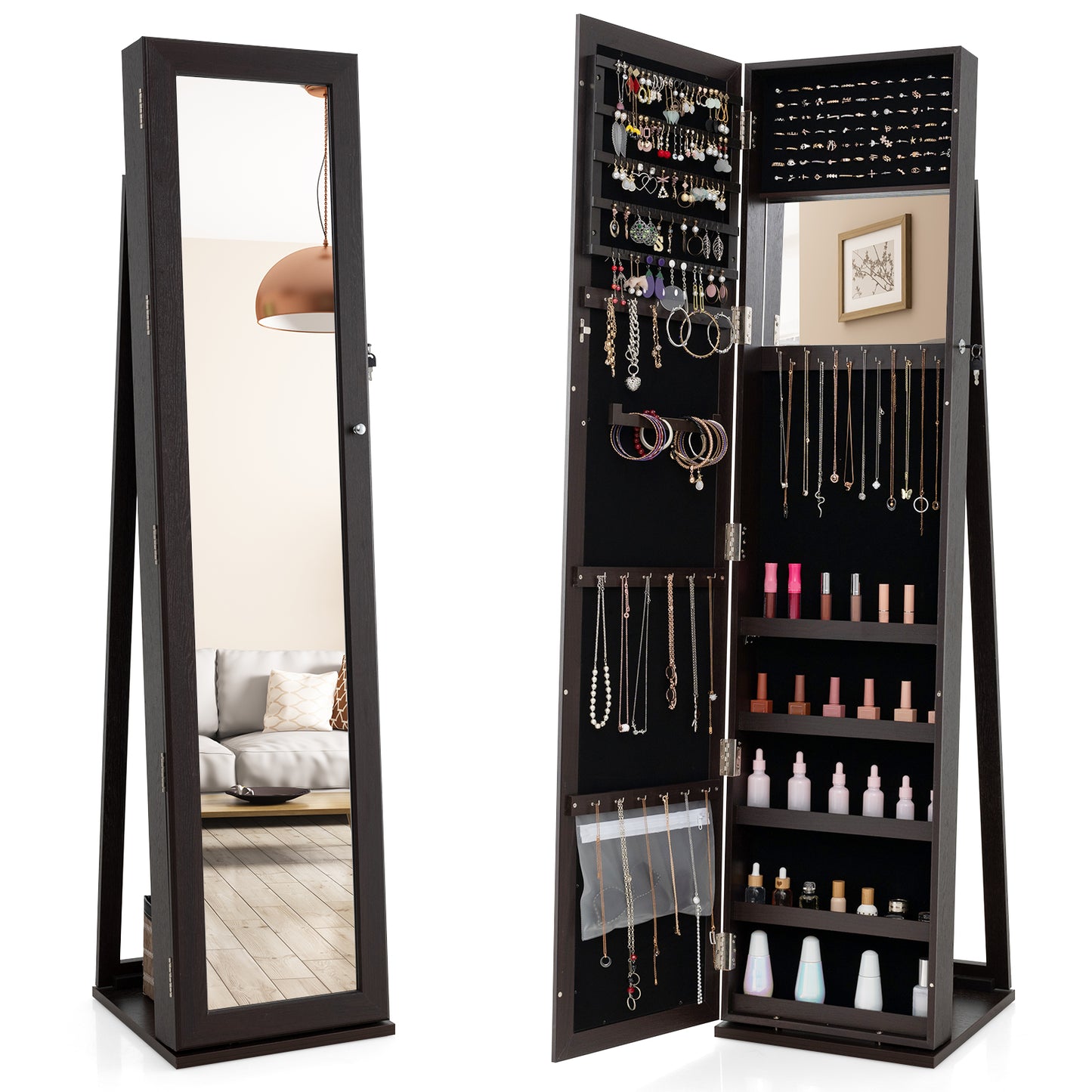 Standing Lockable Jewelry Storage Organizer with Full-Length Mirror-Brown - Coffee