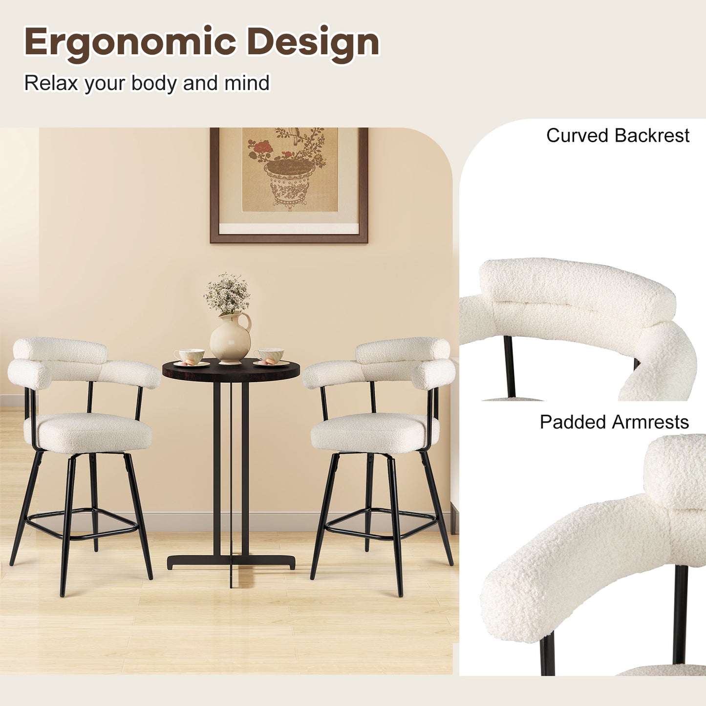 Swivel Bar Stool Set of 2 Counter Height Chairs with Curved Back and Arms-White