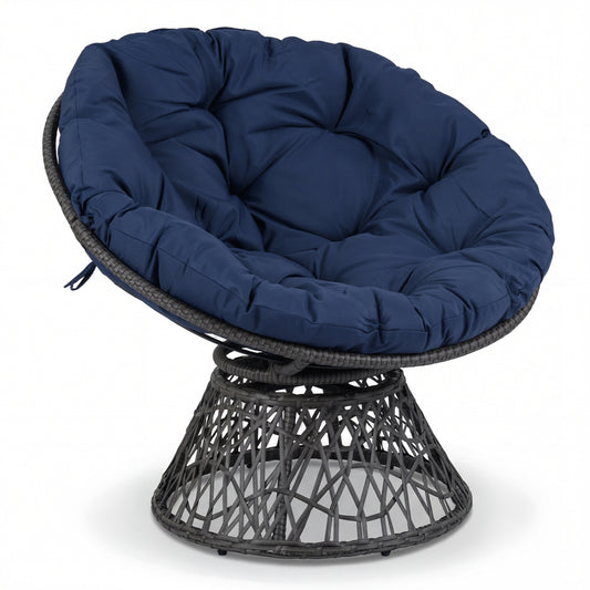 Swivel Papasan Chair Round Wicker Lounge Chair with Thick Cushion-Navy