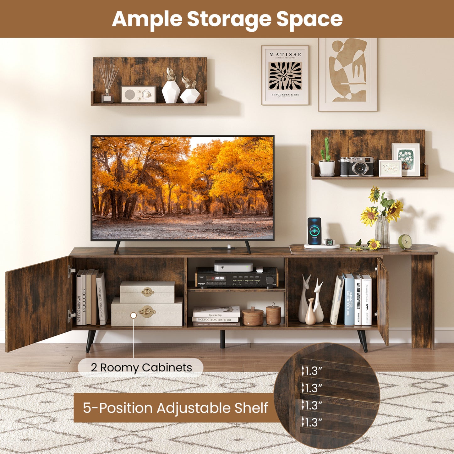 85-Inch TV Stand with Charging Station and Wall Shelves