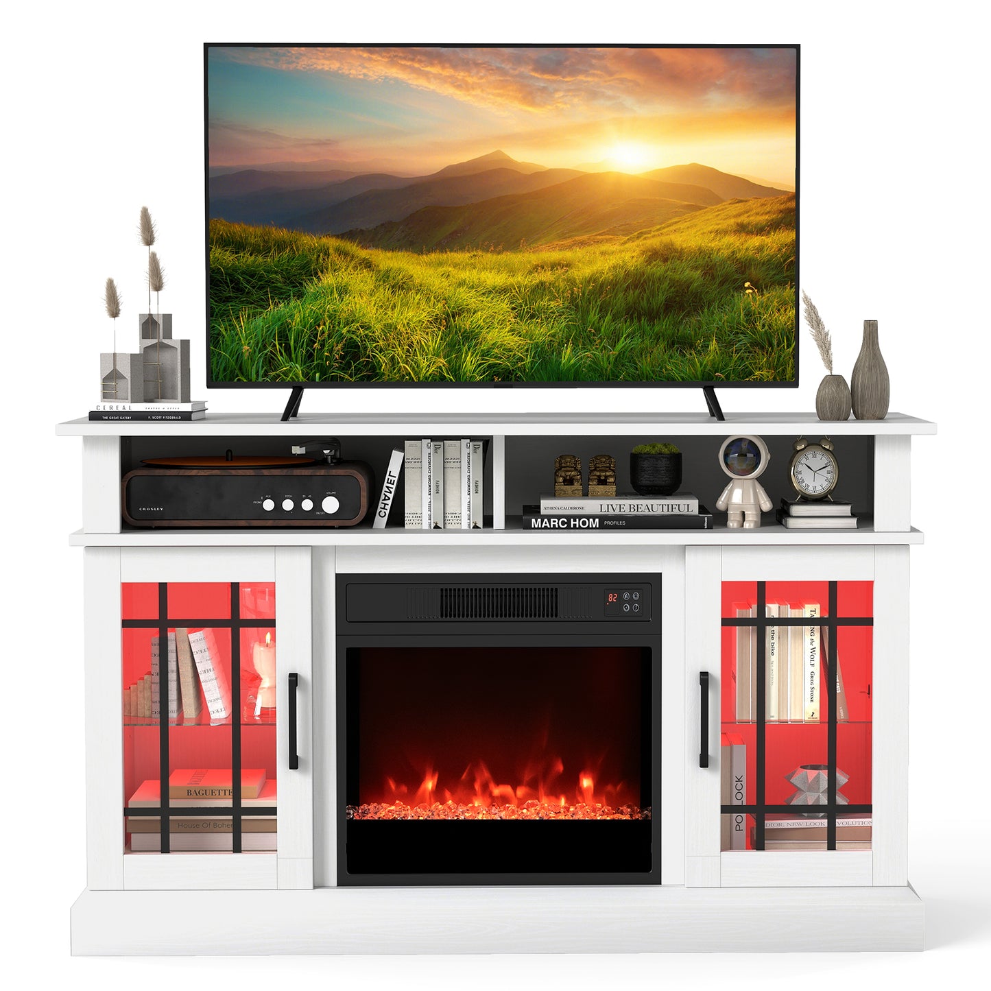 TV Stand with Electric Fireplace LED Lights and Remote Controls for TVs Up to 40 Inch-Black - White