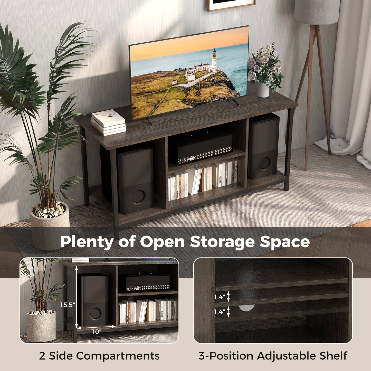 3-Tier TV Stand with Power Outlet USB and Adjustable Shelf-Gray