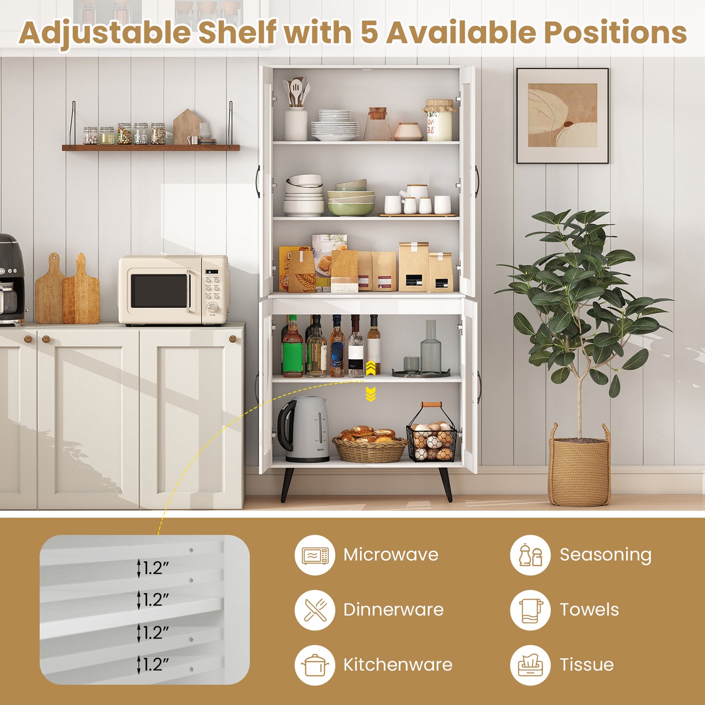 70.5 inch Tall Kitchen Pantry Cabinet Cupboard with 4 Transparent Doors-White