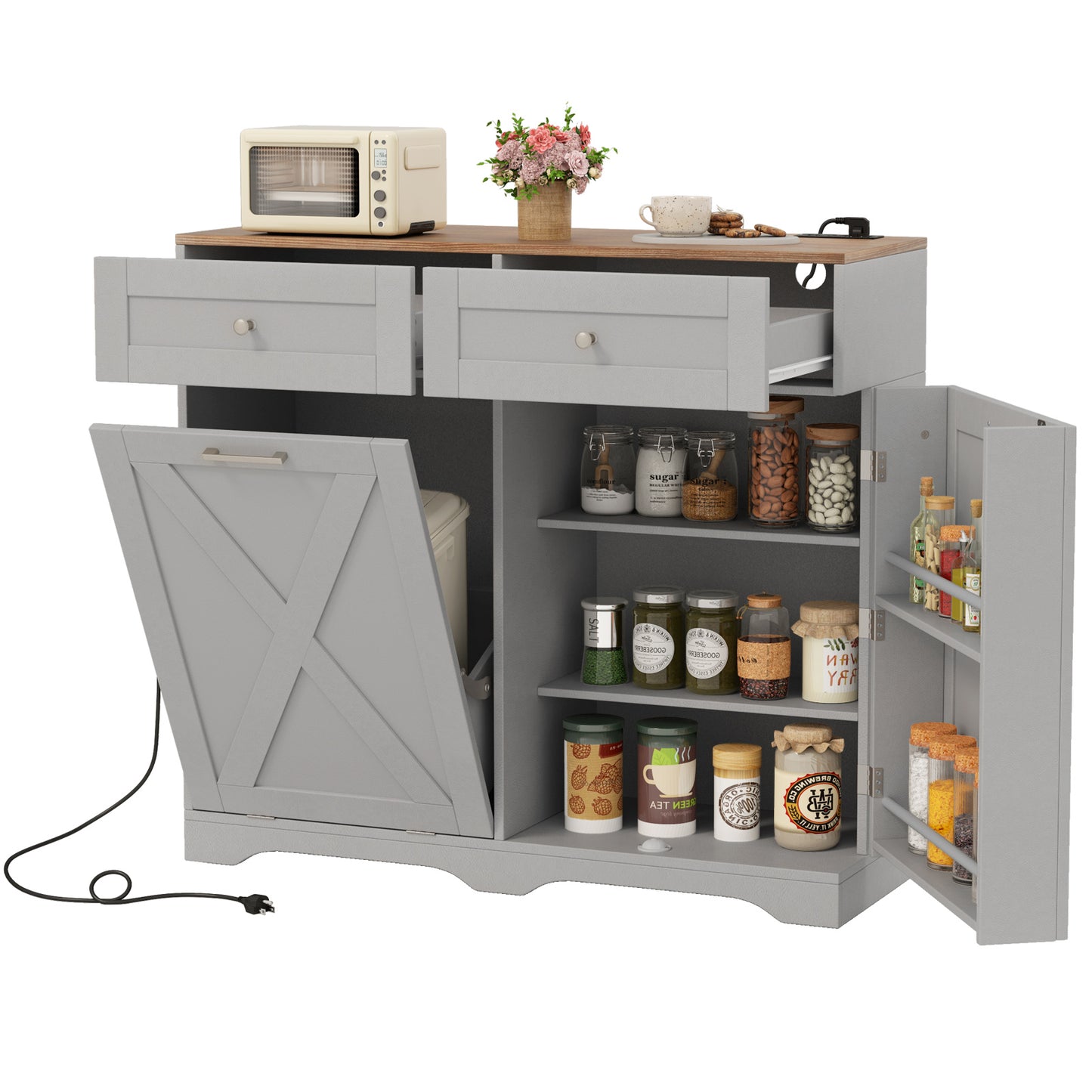 Tilt Out Trash Can Cabinet with Outlets and Adjustable Shelf-Gray - Gray