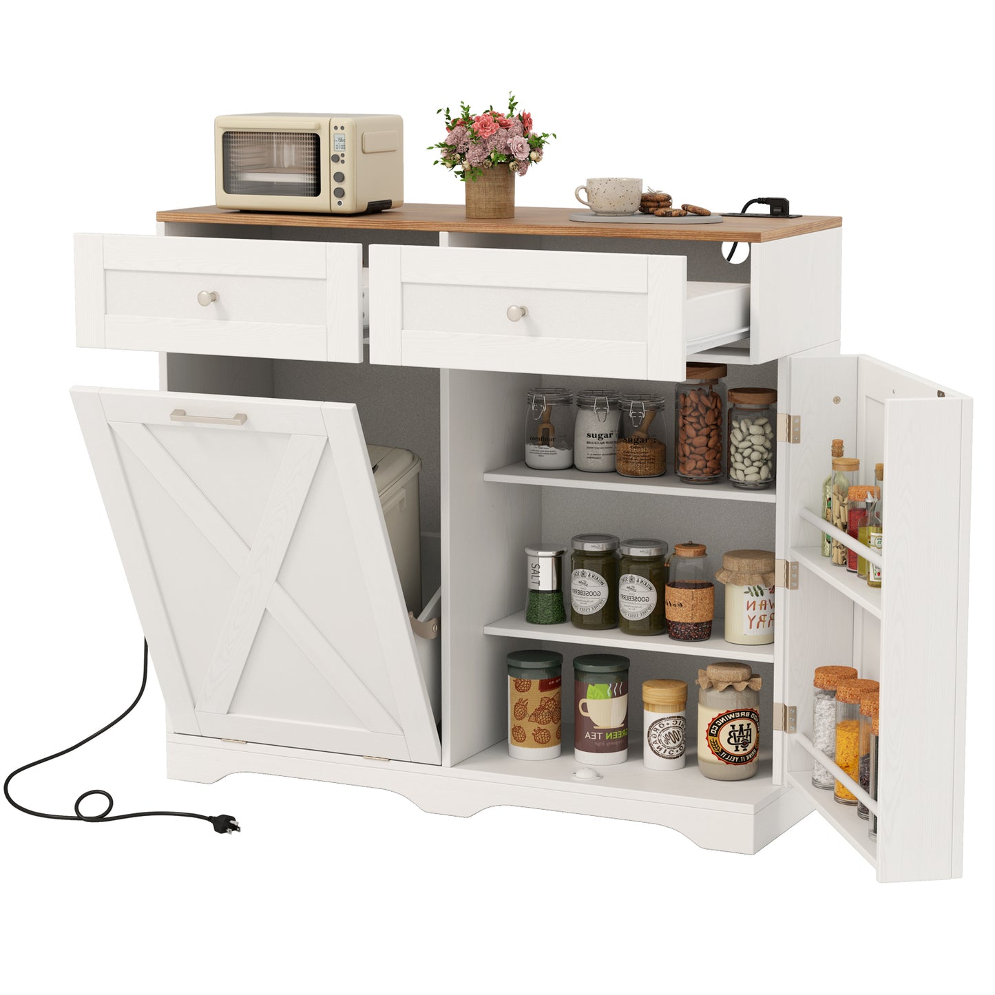 Tilt Out Trash Can Cabinet with Outlets and Adjustable Shelf-Gray - White