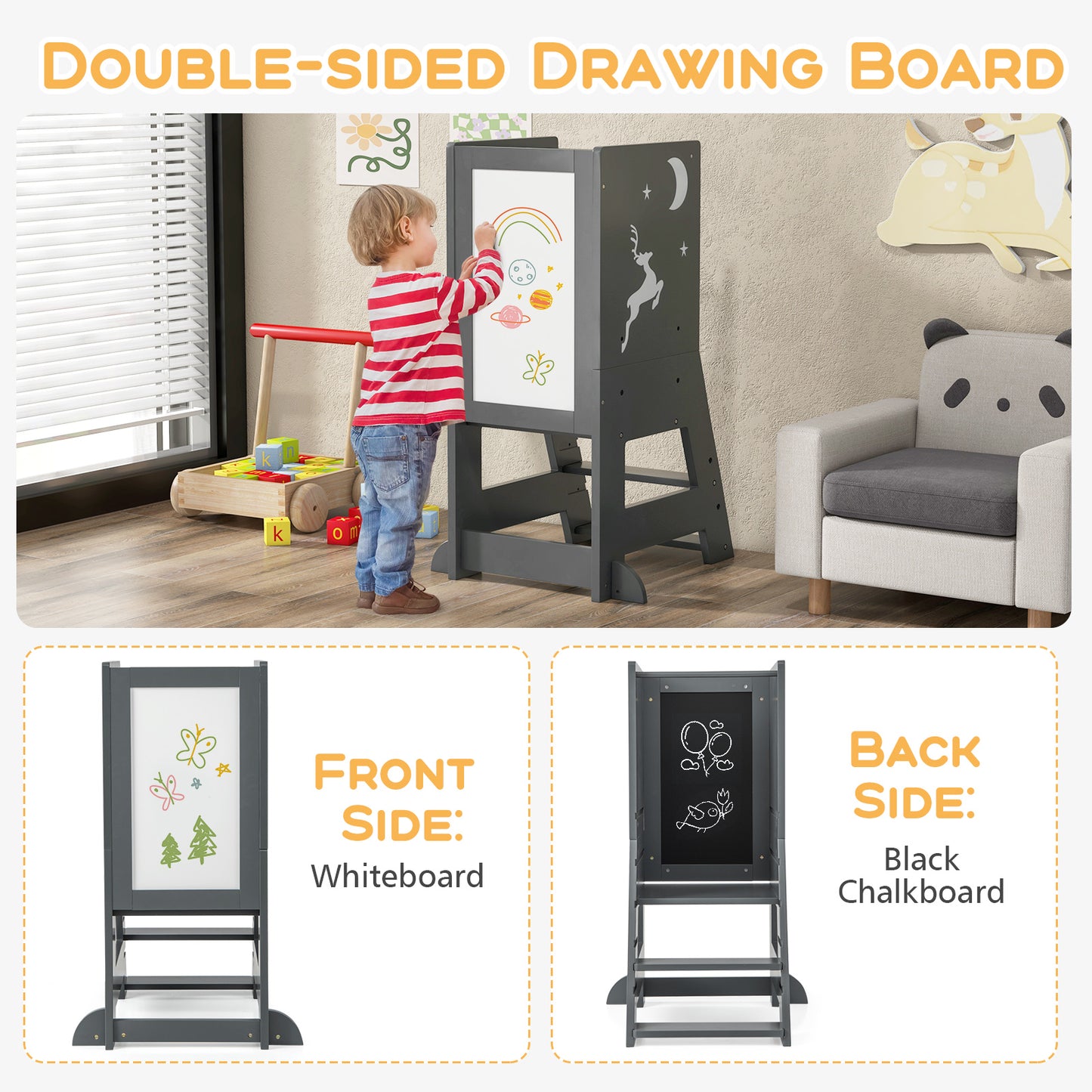 Toddler Kitchen Stool Baby Standing Tower with Chalkboard and Whiteboard
