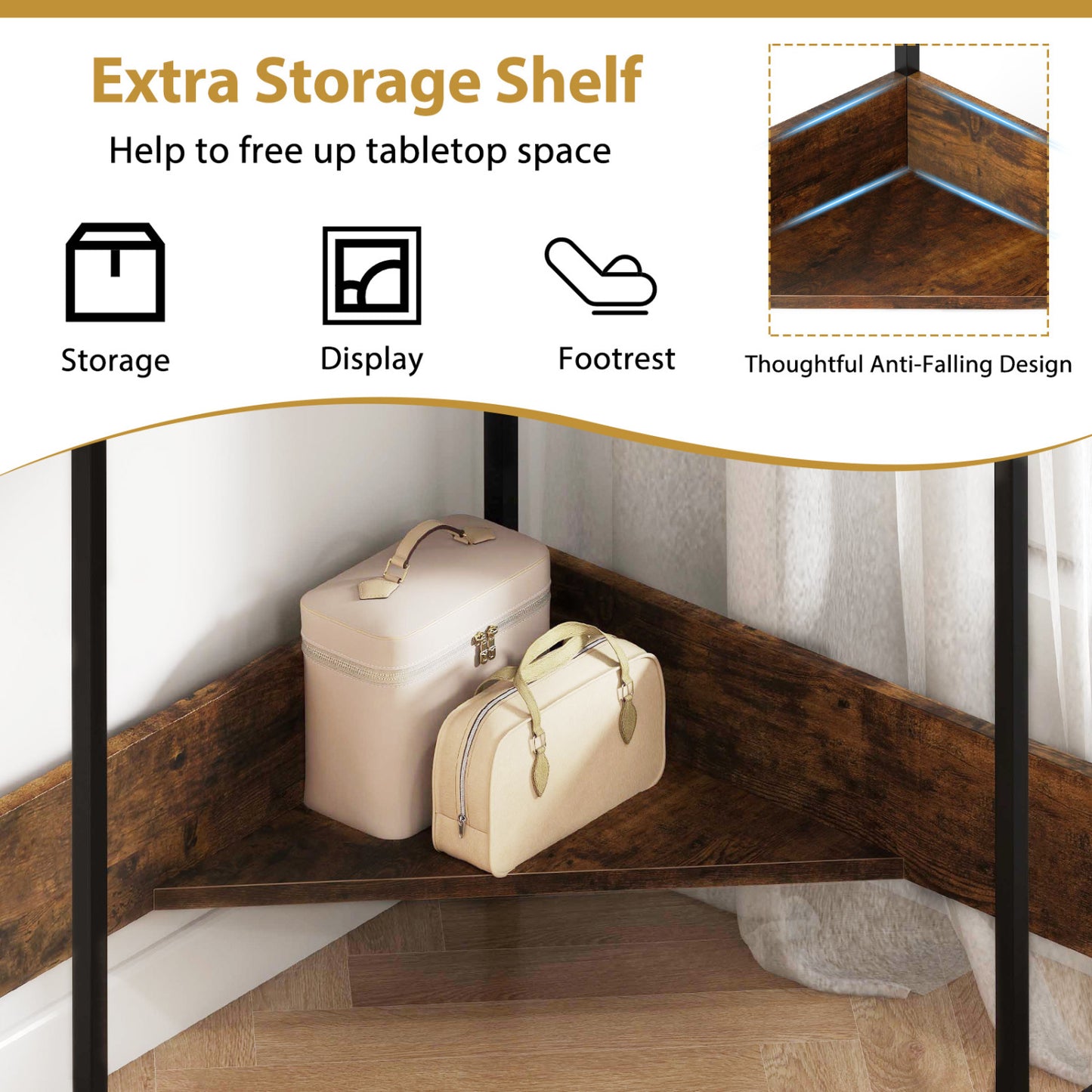 Triangle Corner Desk with Charging Station - Rustic Brown