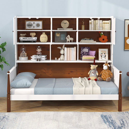 Twin Bed with Bookcase with Shelves and Wooden Slat Support No Box Spring Needed for Living Room Bedroom-White