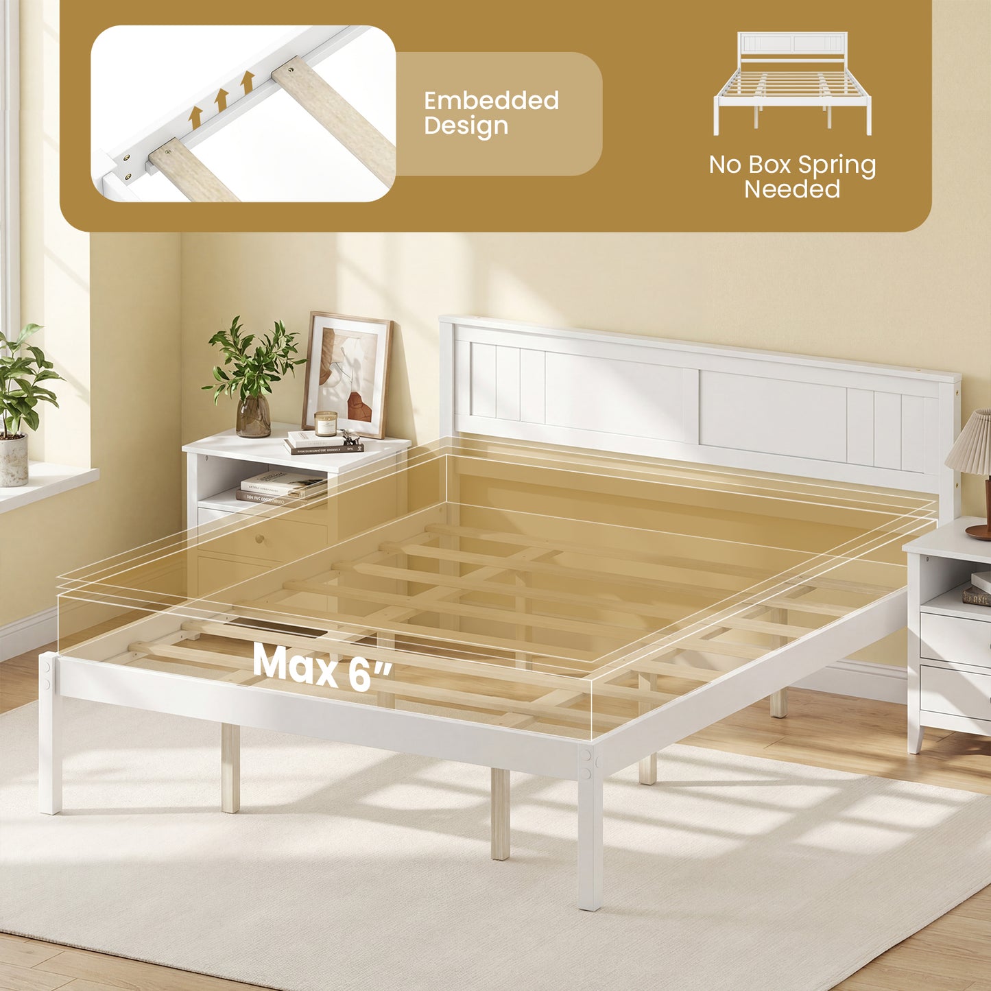 Twin/Full/Queen Size Sturdy Wooden Bed Frame with Headboard and Slat Support-Queen Size
