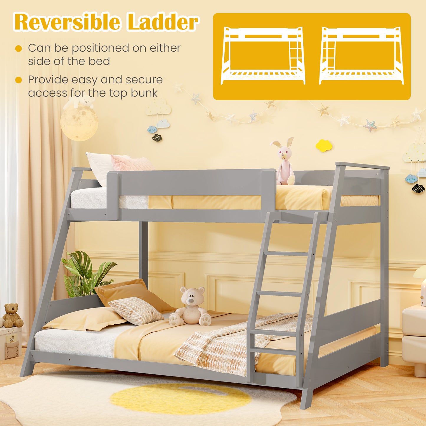 Twin Over Full Low Bunk Bed with Reversible Ladder