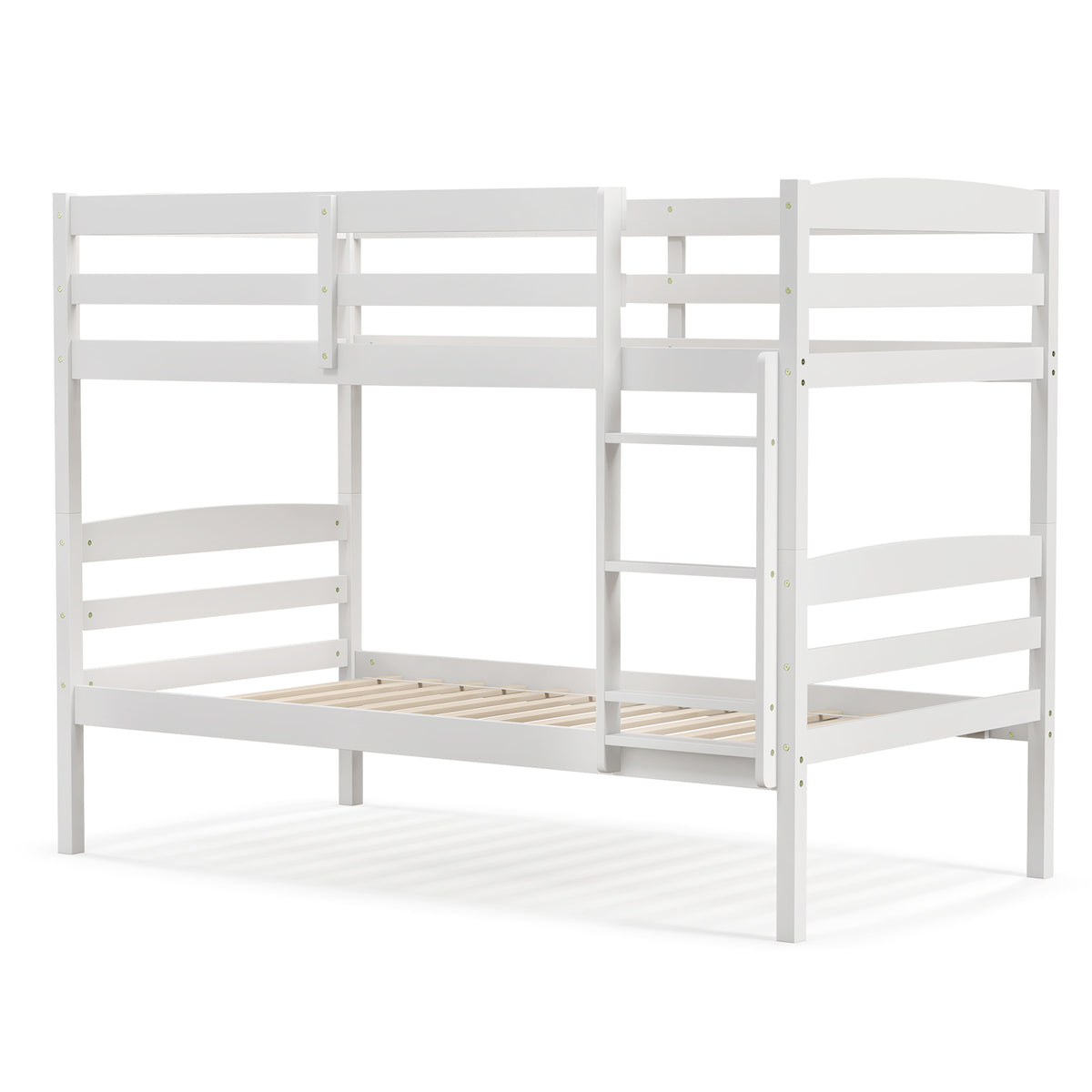 Solid Wood Twin Over Twin Bunk Bed Frame with High Guardrails and Integrated Ladder-Gray - White