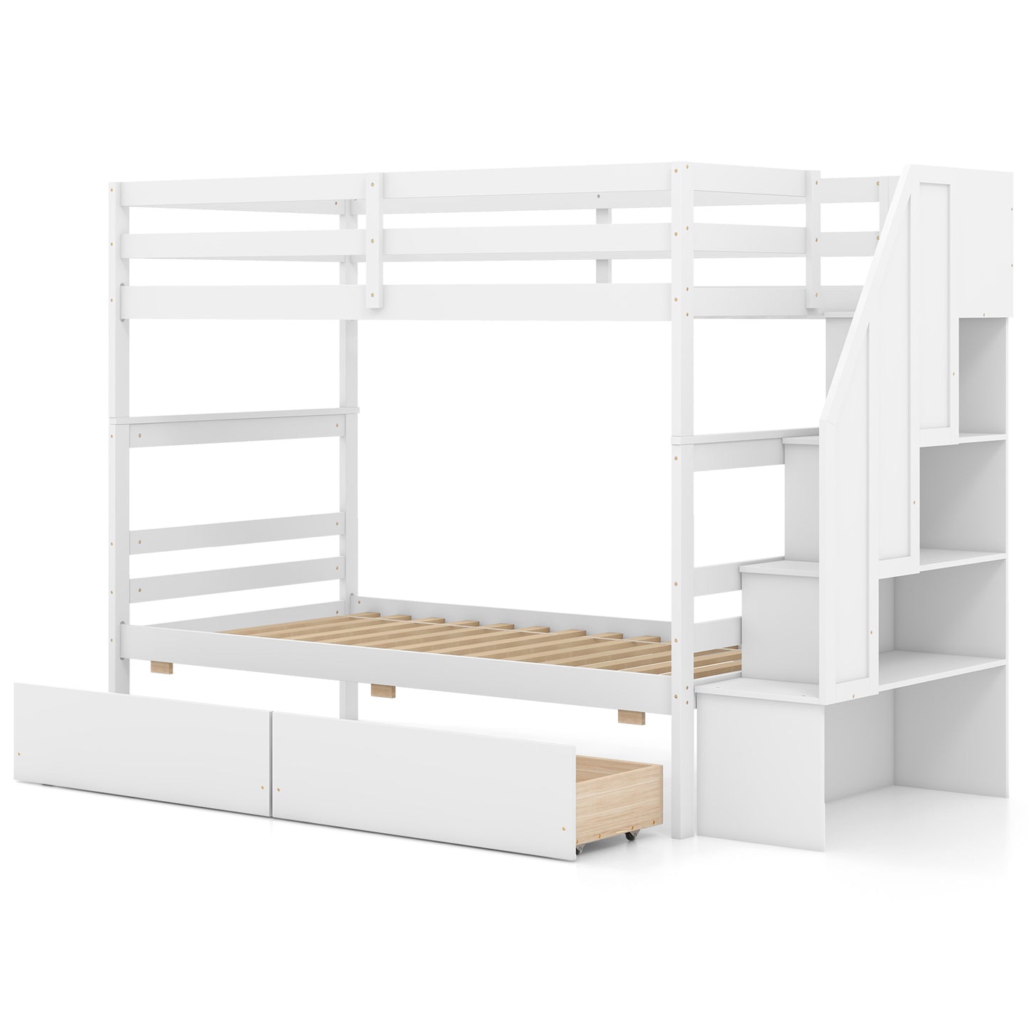 Twin Over Twin Bunk Bed with Storage Stairs and Drawers-Gray - White