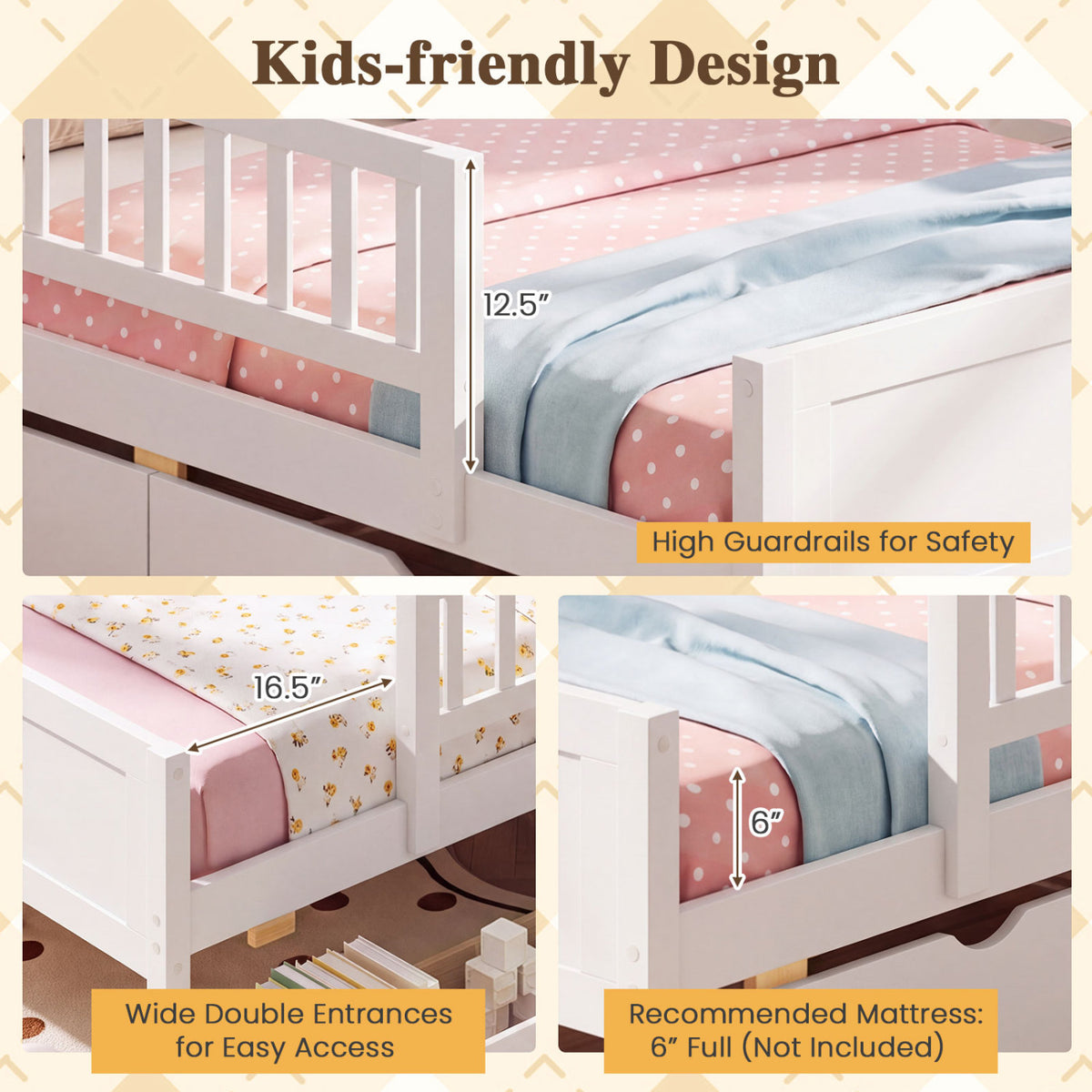 Full Size Platform Bed Frame with Detachable Guardrails