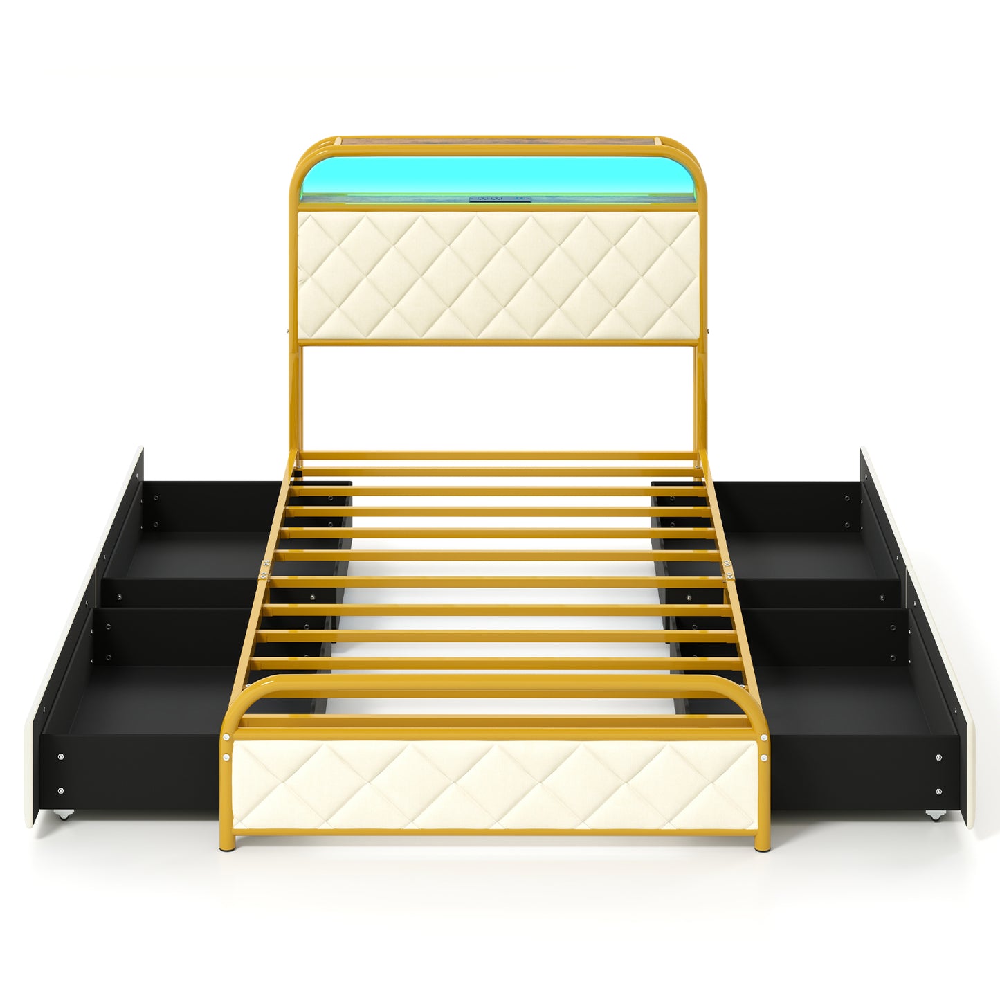 Twin/Full/Queen Size Bed Frame with LED Lights and Charging Station Gold-Full Size - Twin Size