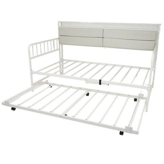 Twin Size Daybed with Trundle and Metal Bed Frame with Headboard-White