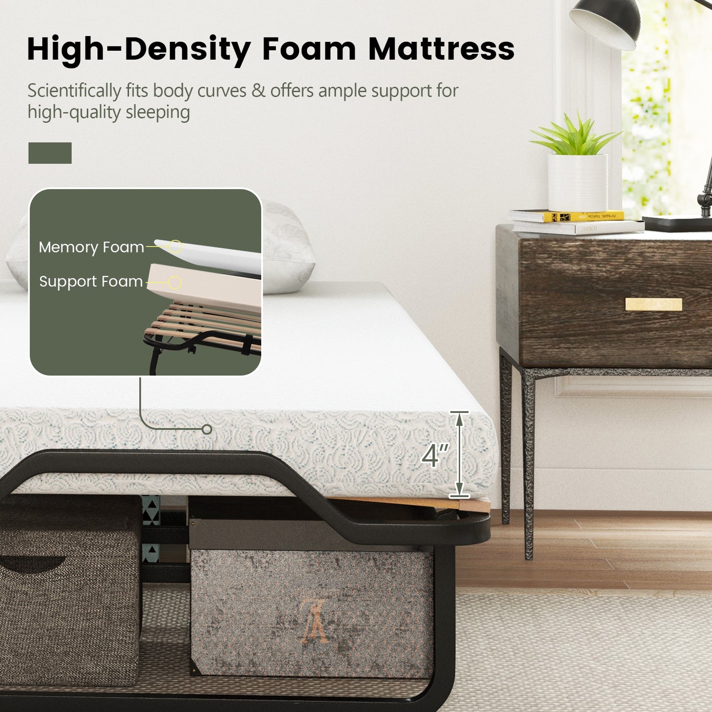 Twin Size Folding Bed with Foam Mattress and Lockable Wheels