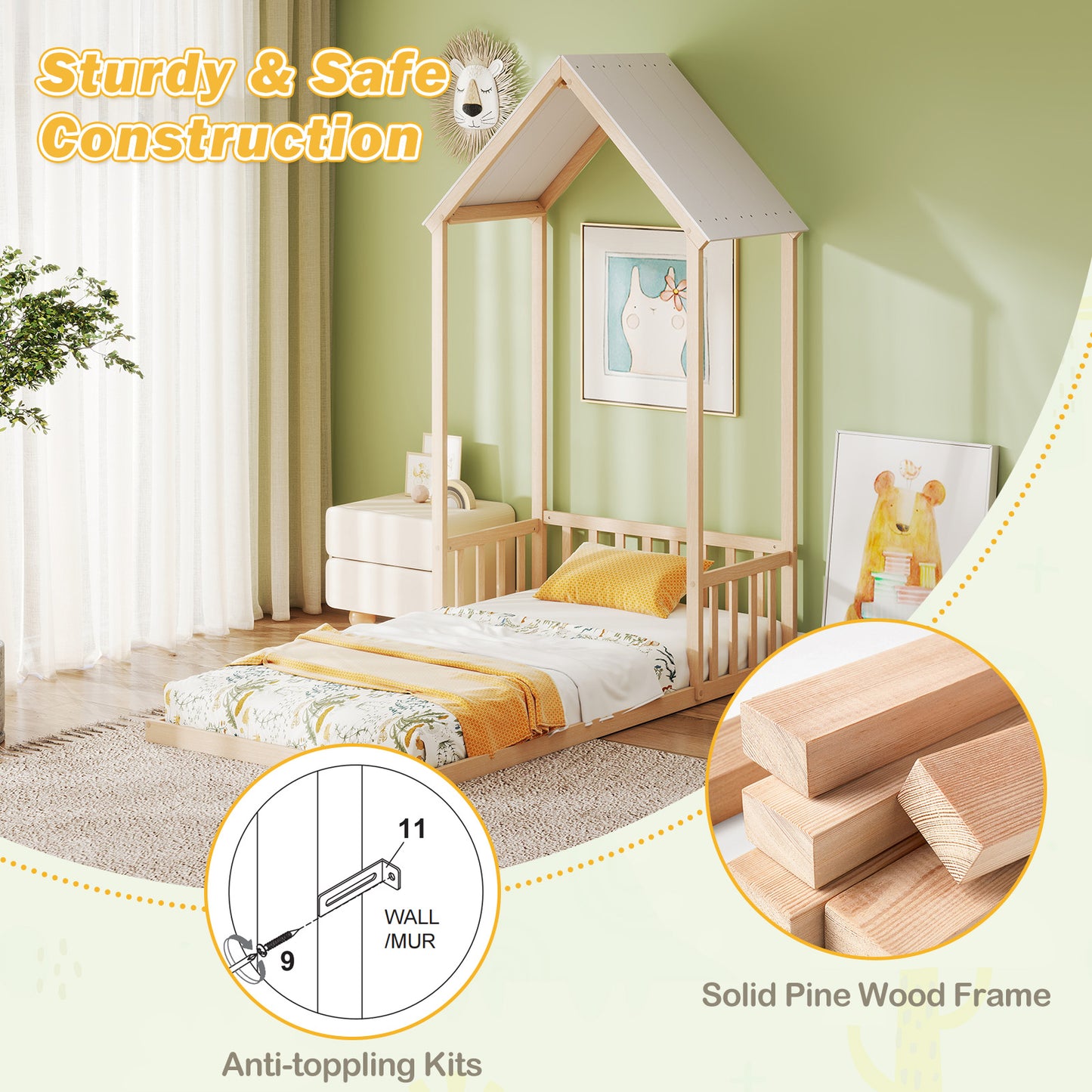 Twin Size House Bed with House Shape Roof and Semi-Fence-Natural