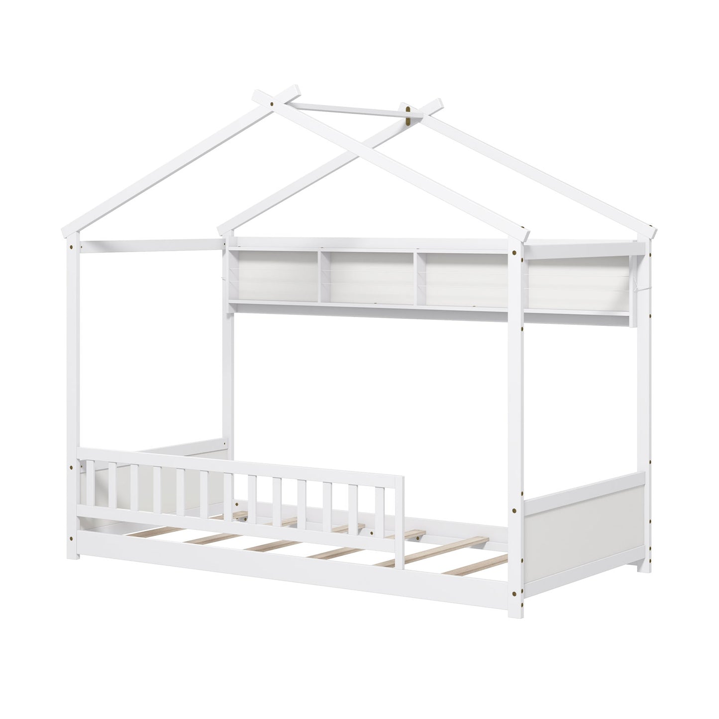 Twin Size House Bed with Storage Shelf and Headboard-White - White