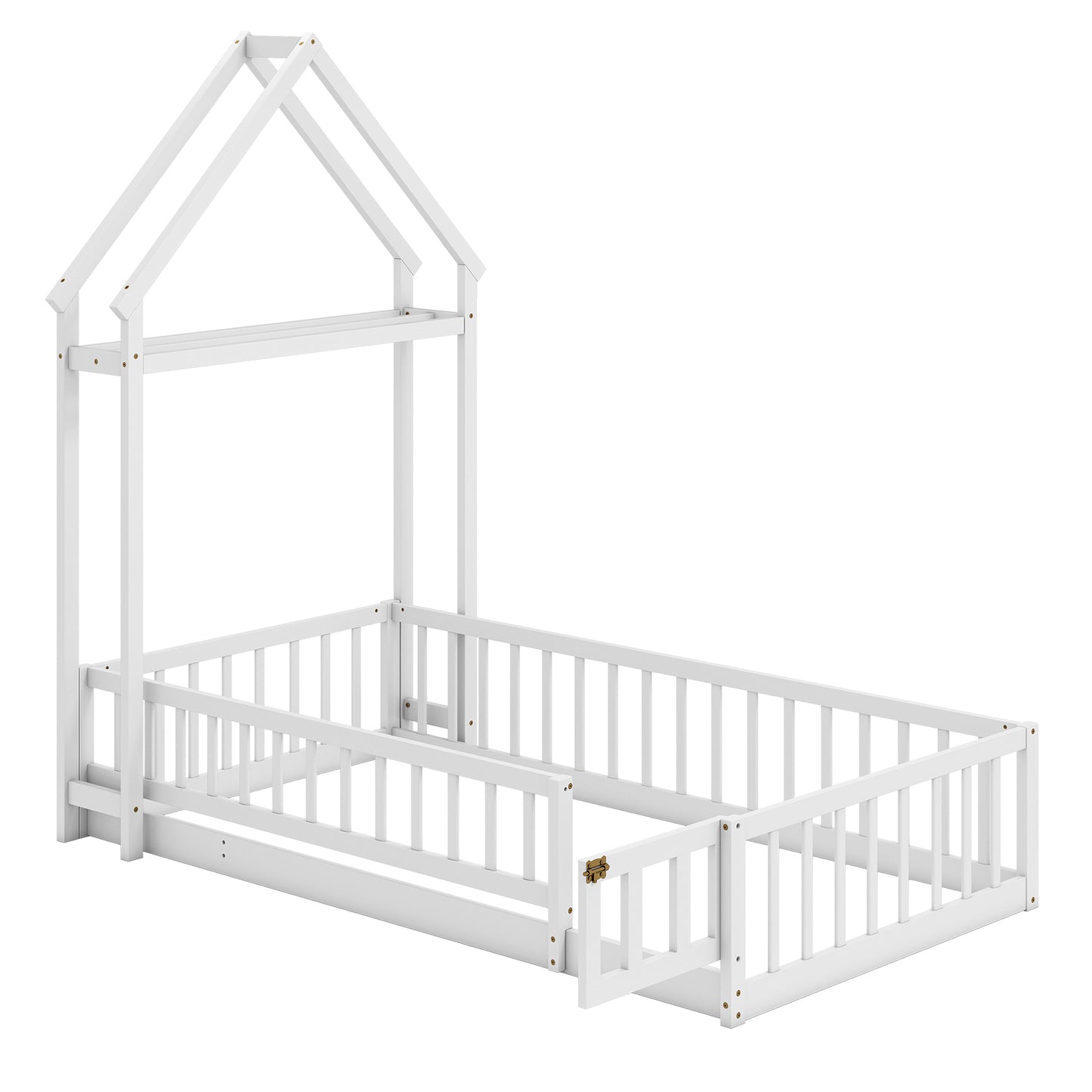 Twin Size House Floor Bed with House-shaped Headboard-Pink - White