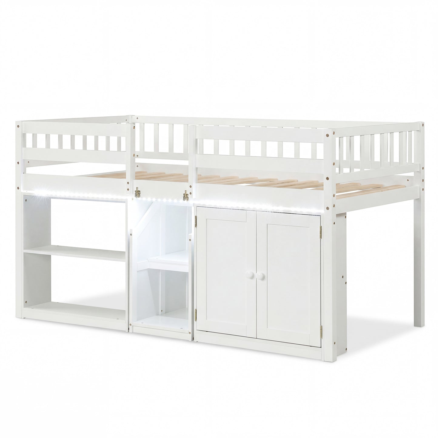 Twin Size Loft Bed with LED Lights and Kids Wooden Bed Frame-White