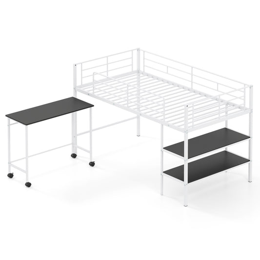 Twin Size Loft Bed with Rolling Desk and Bookshelf Platform Bed Frame