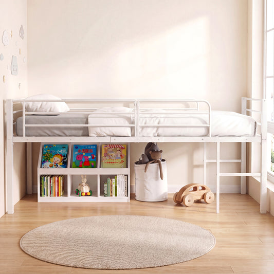 Twin Low Loft Bed with Safety Guardrails and 2 Ladders
