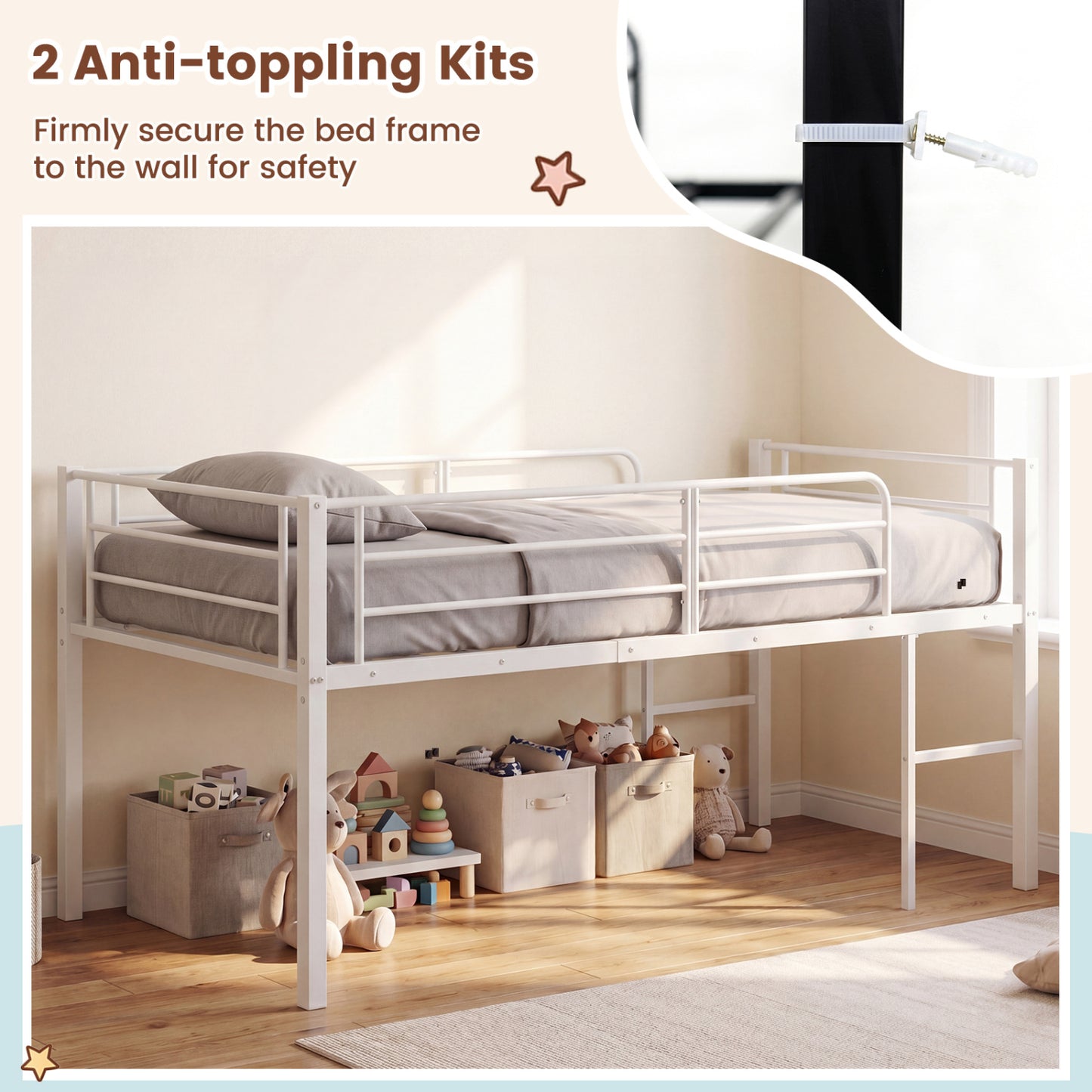 Twin Low Loft Bed with Safety Guardrails and 2 Ladders