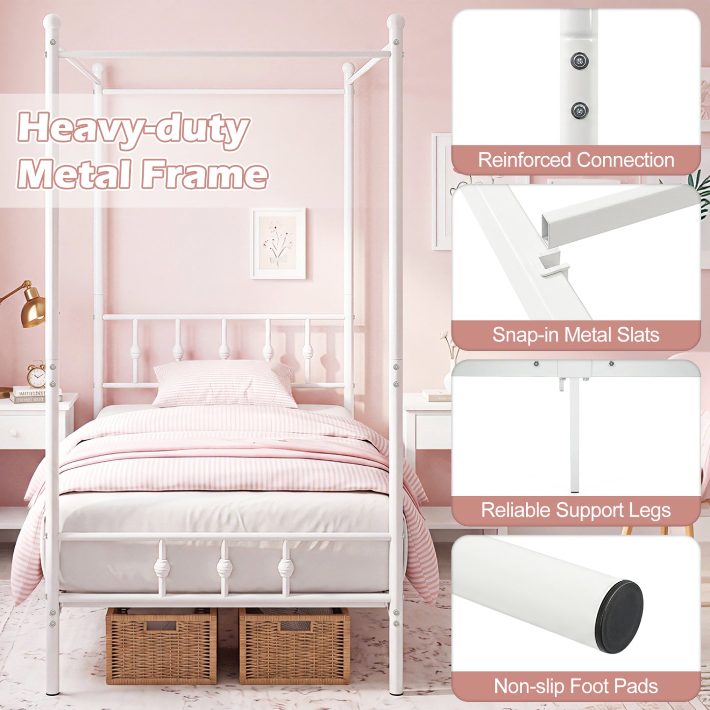Twin Metal Canopy Bed Frame with Headboard and Footboard