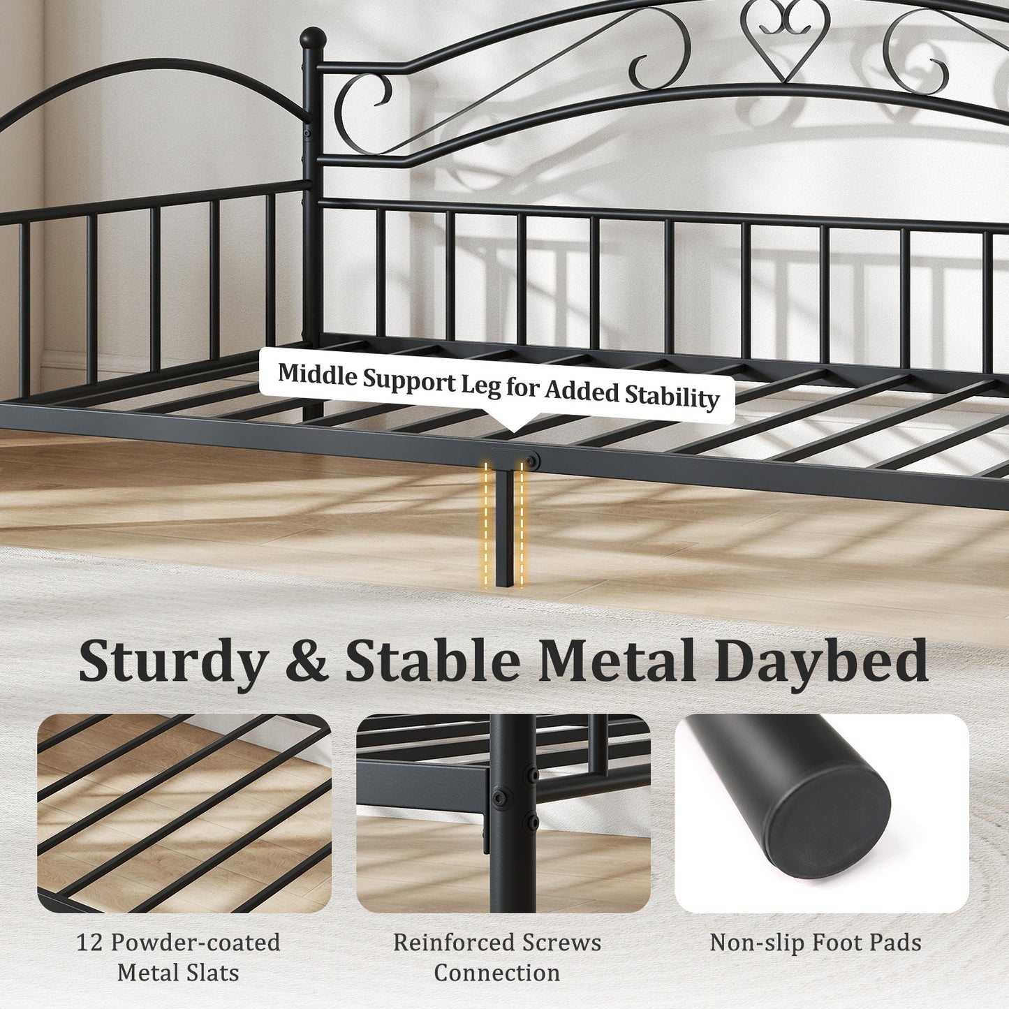 Twin Size Metal Daybed Frame with Headboard for Bedroom-Black